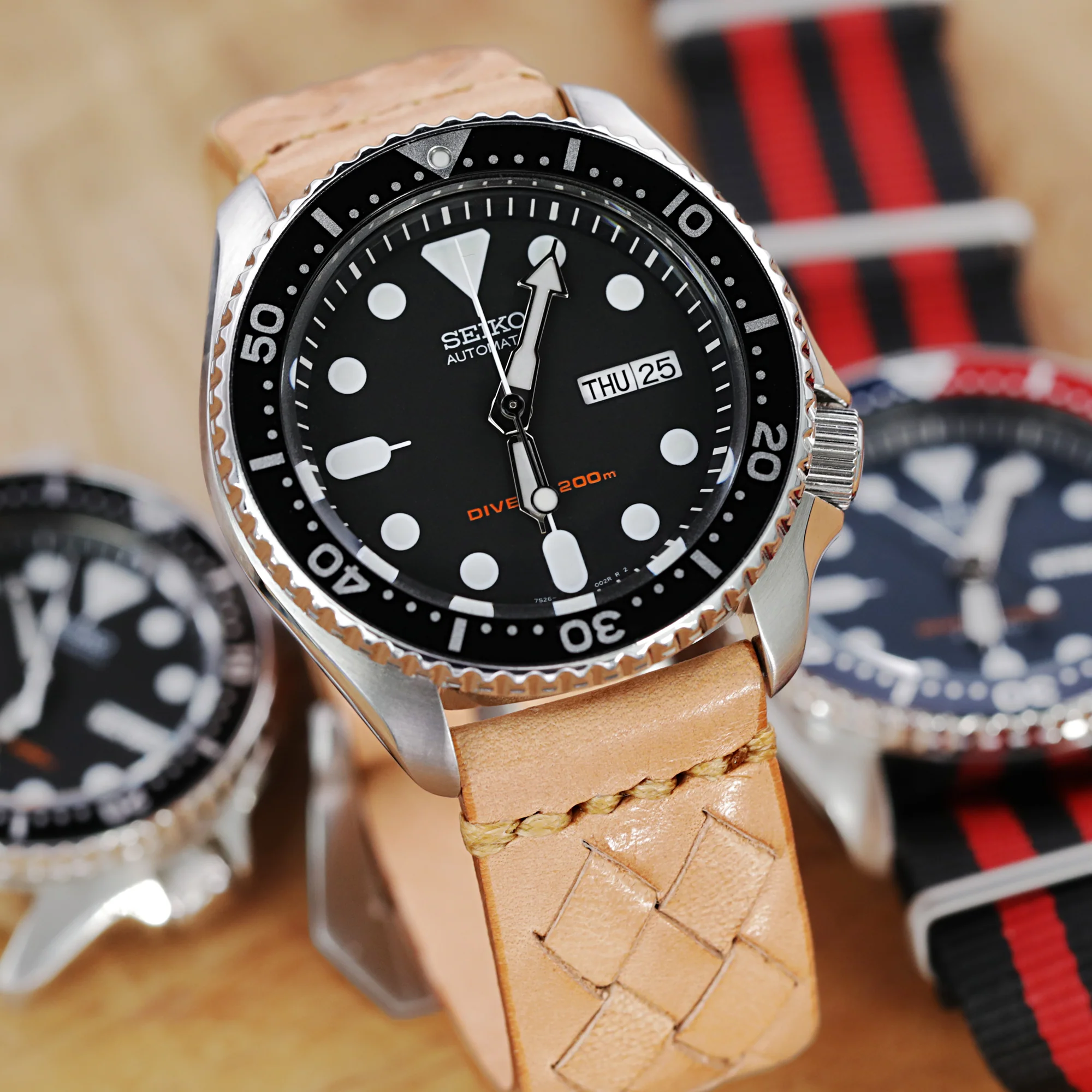 MiLTAT Zizz Collection 22mm Braided Calf Leather Watch Strap, LV Beige, Tan Stitches - Image 3