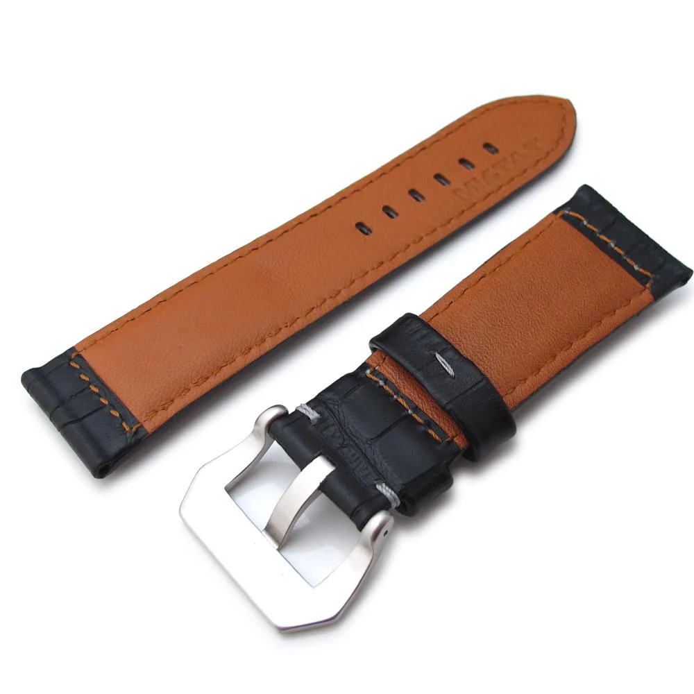 24mm CrocoCalf (Croco Grain) Matte Black Watch Strap with Grey Stitches - Image 3