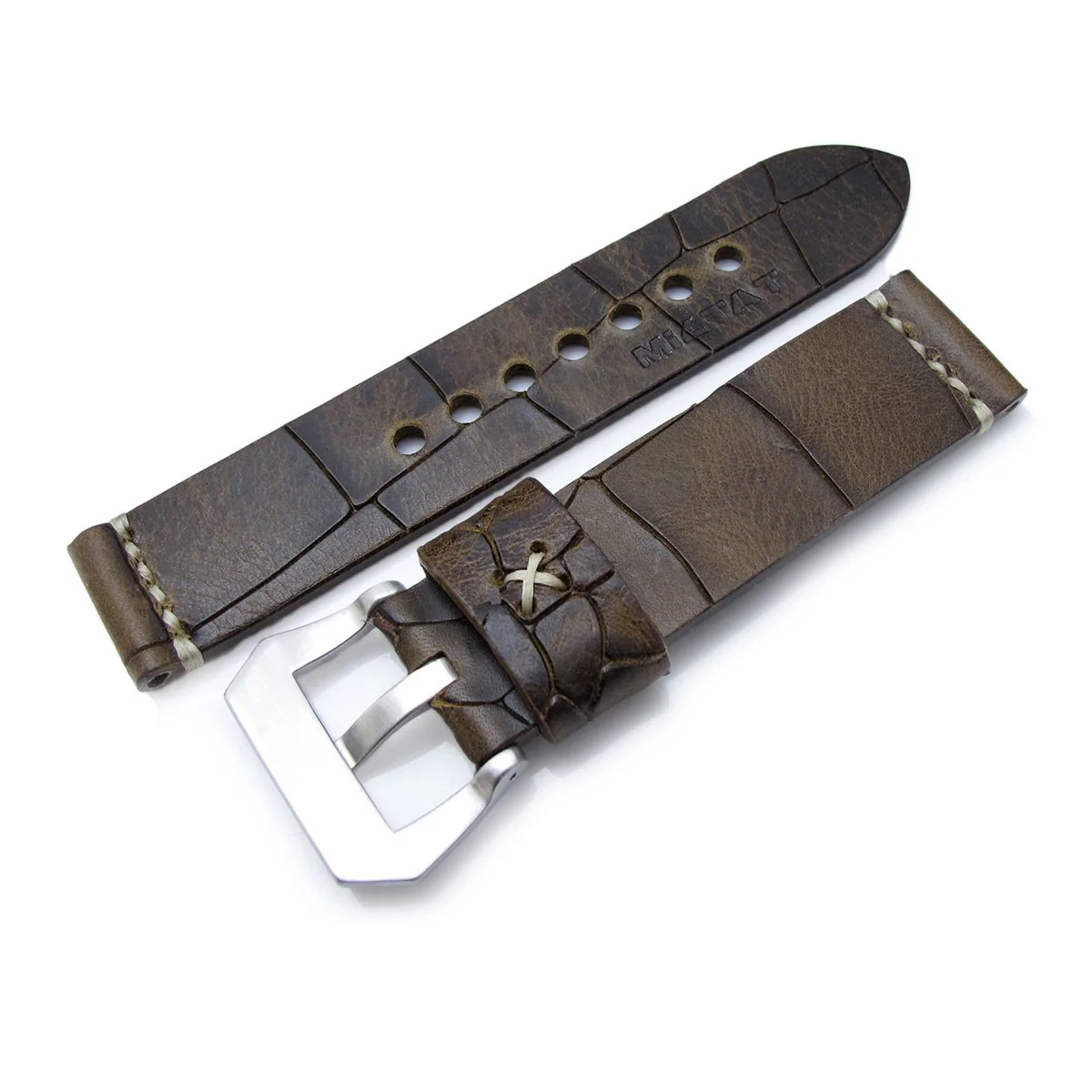 MiLTAT Zizz Collection 22mm Cracked Croco Dark Brown Watch Strap, Beige Stitching - Image 5