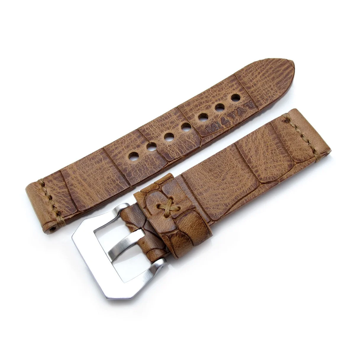 MiLTAT Zizz Collection 22mm Cracked Croco Middle Brown Watch Strap, Brown Stitching - Image 4