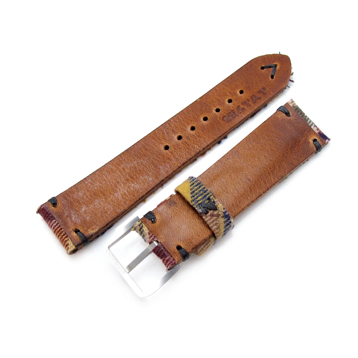 20mm, 22mm MiLTAT Stewart Camel Tartan Pattern Watch Strap, Grey Stitching - Image 4