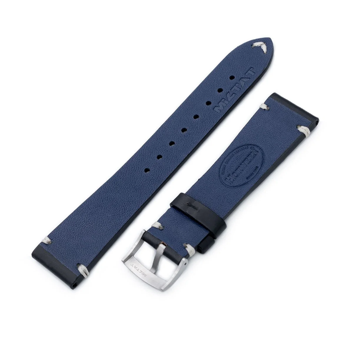 20mm, 21mm, 22mm MiLTAT Horween Chromexcel Watch Strap, Color Black, Beige Stitching - Image 5