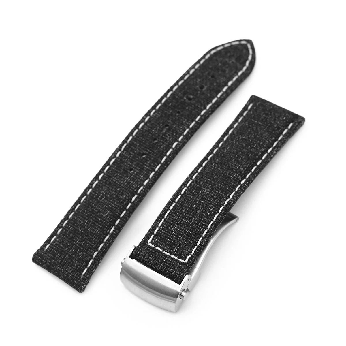 20mm or 22mm Black Canvas Watch Band Brushed Roller Deployant Buckle, Beige Stitching - Image 6