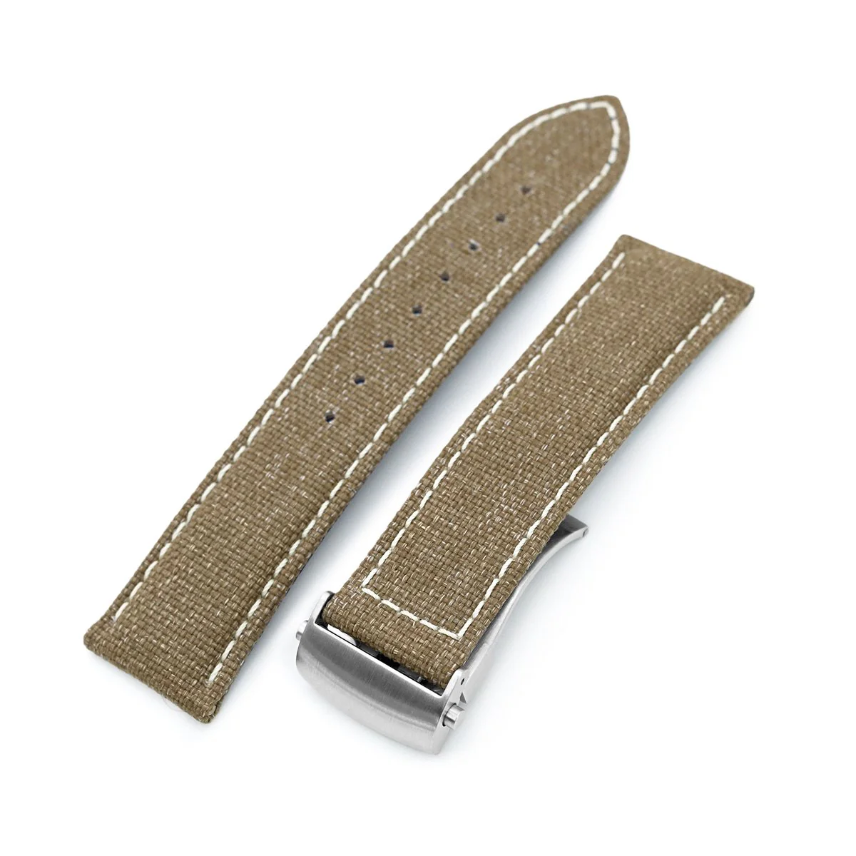 20mm or 22mm Khaki Canvas Watch Band Brushed Roller Deployant Buckle, Beige Stitching - Image 4