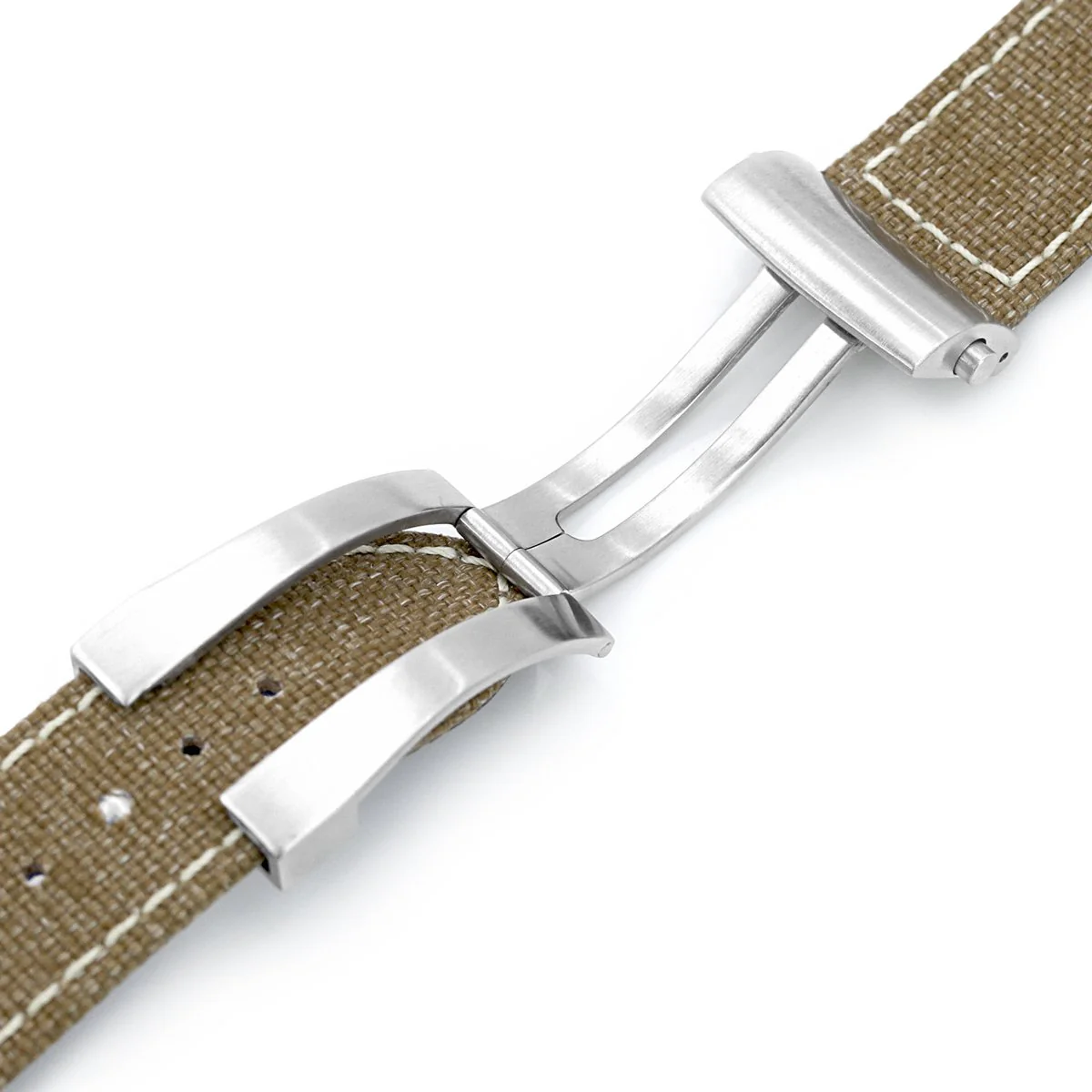 20mm or 22mm Khaki Canvas Watch Band Brushed Roller Deployant Buckle, Beige Stitching - Image 5
