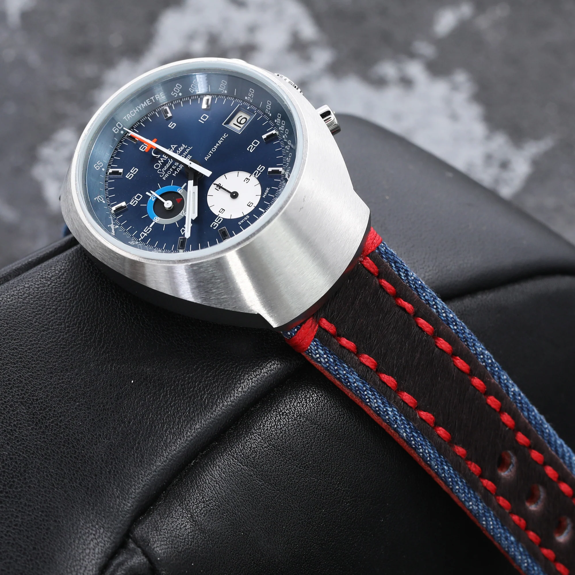 22mm MiLTAT Zizz Collection Brown Fur & Denim Watch Strap Red Wax Hand Stitching - Image 4