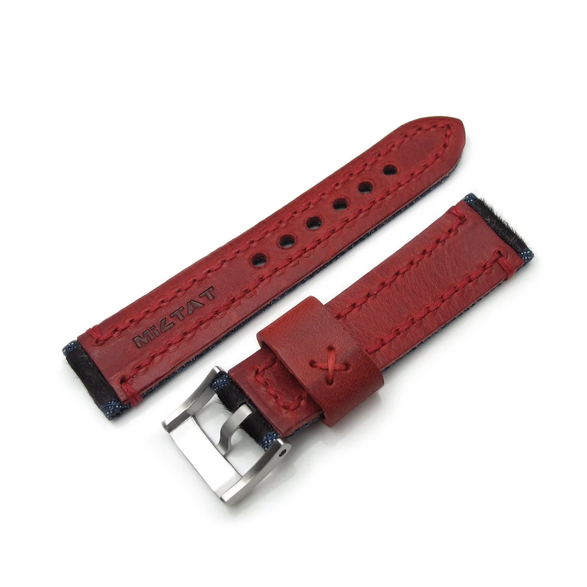 22mm MiLTAT Zizz Collection Brown Fur & Denim Watch Strap Red Wax Hand Stitching - Image 7