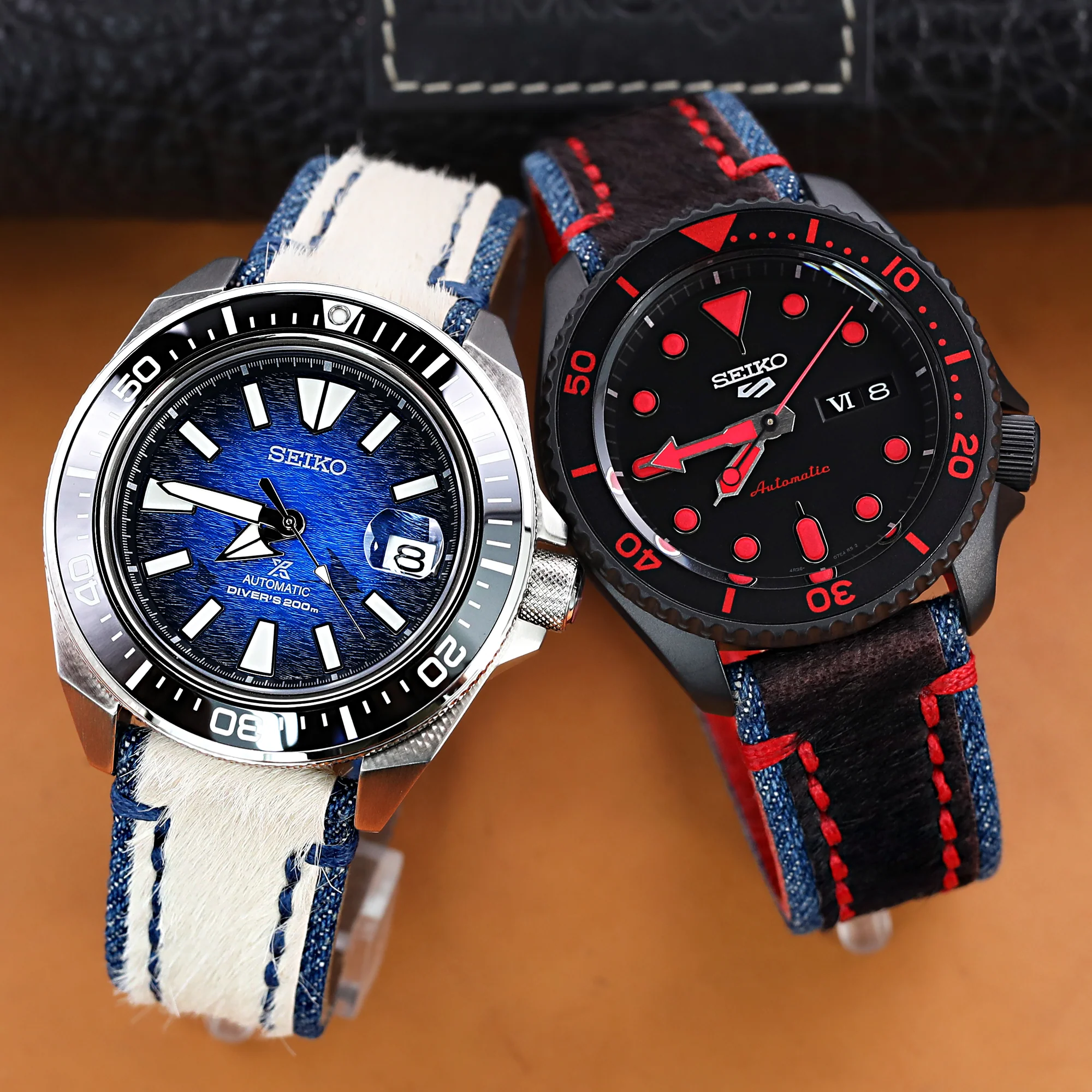 22mm MiLTAT Zizz Collection Beige Fur & Denim Watch Strap Blue Wax Hand Stitching - Image 4