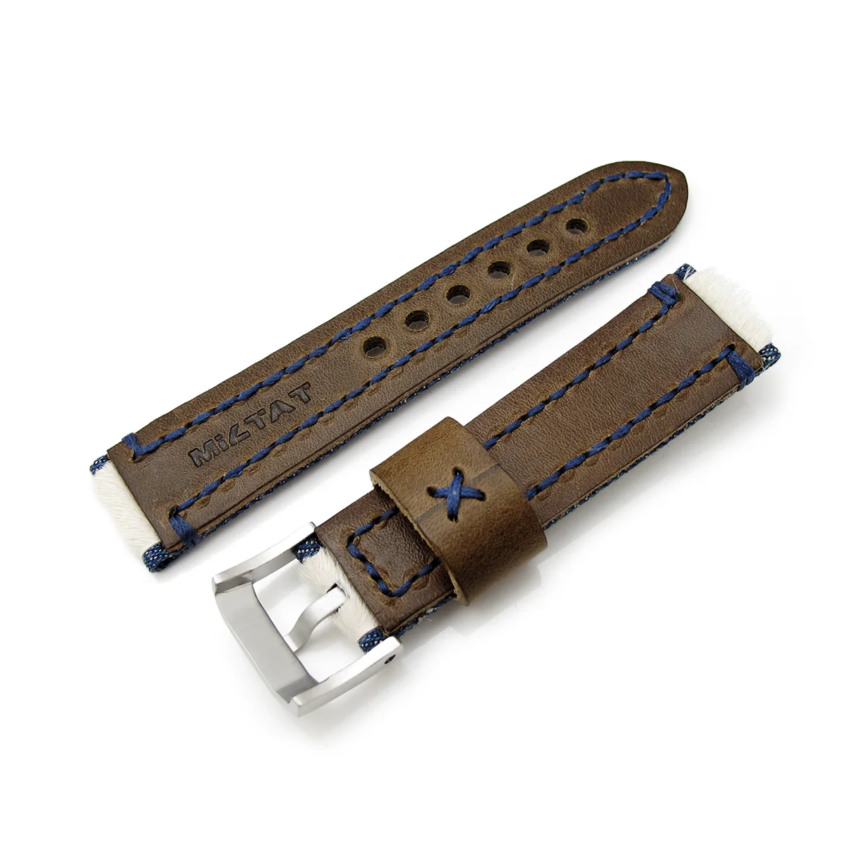 22mm MiLTAT Zizz Collection Beige Fur & Denim Watch Strap Blue Wax Hand Stitching - Image 6