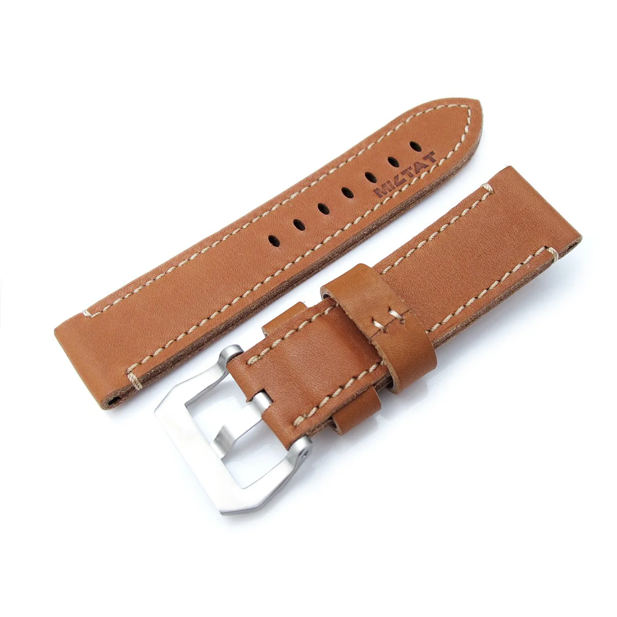 24mm MiLTAT Cashmere Calf Tan Color Watch Strap, Beige Hand Stitches - Image 3