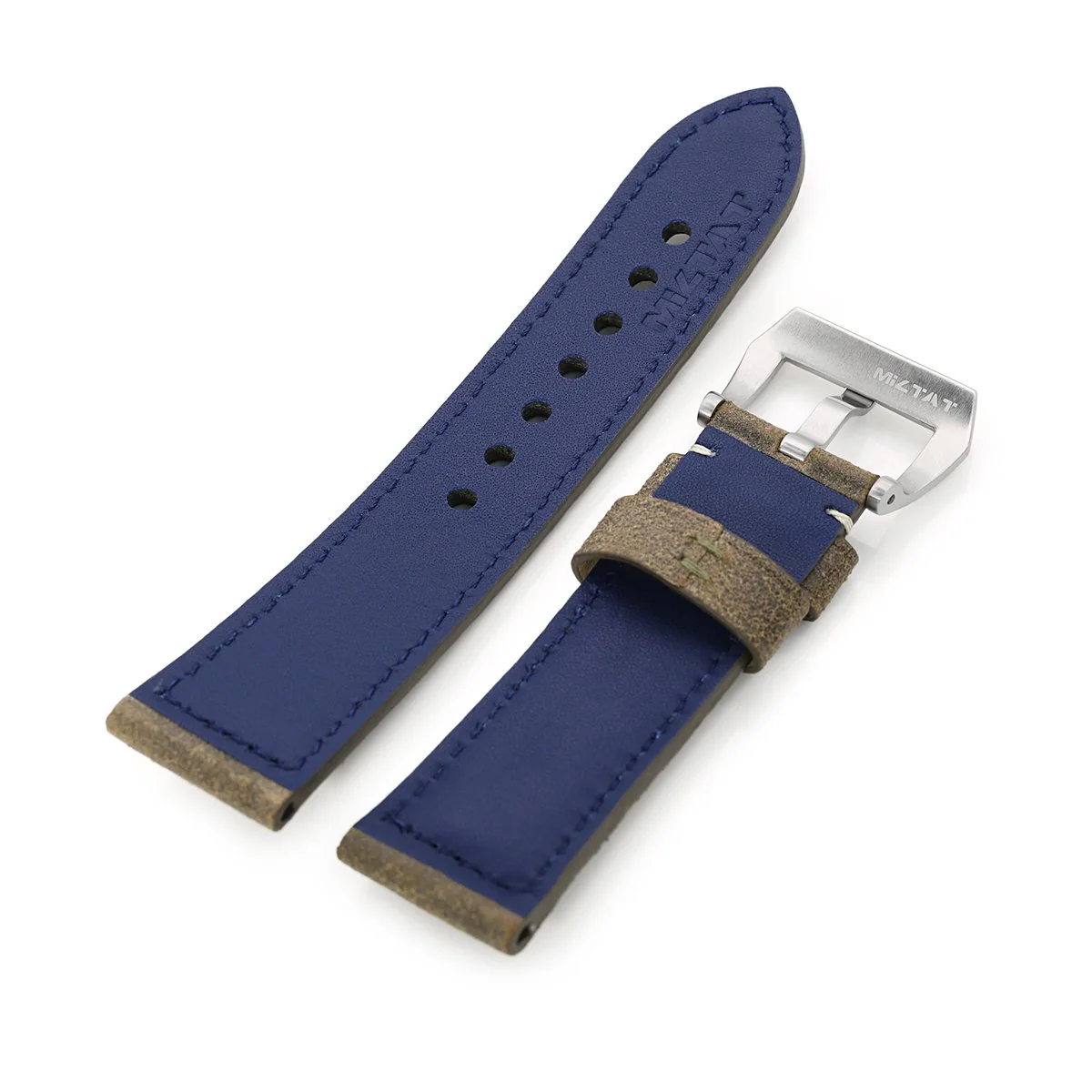 MiLTAT 24mm Genuine Olive Brown Distressed Leather Watch Strap Extra Soft, Beige Stitching - Image 4