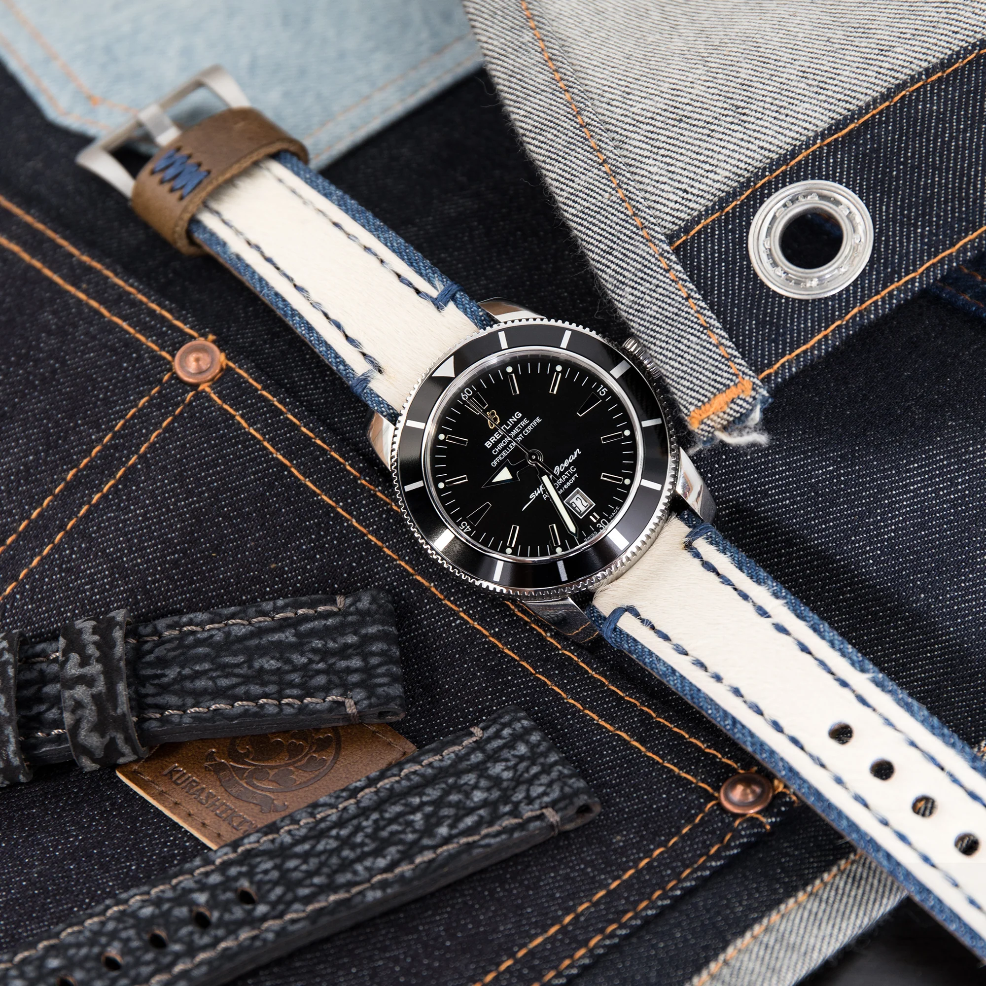 24mm MiLTAT Zizz Collection Beige Fur & Denim Watch Strap Blue Wax Hand Stitching - Image 3