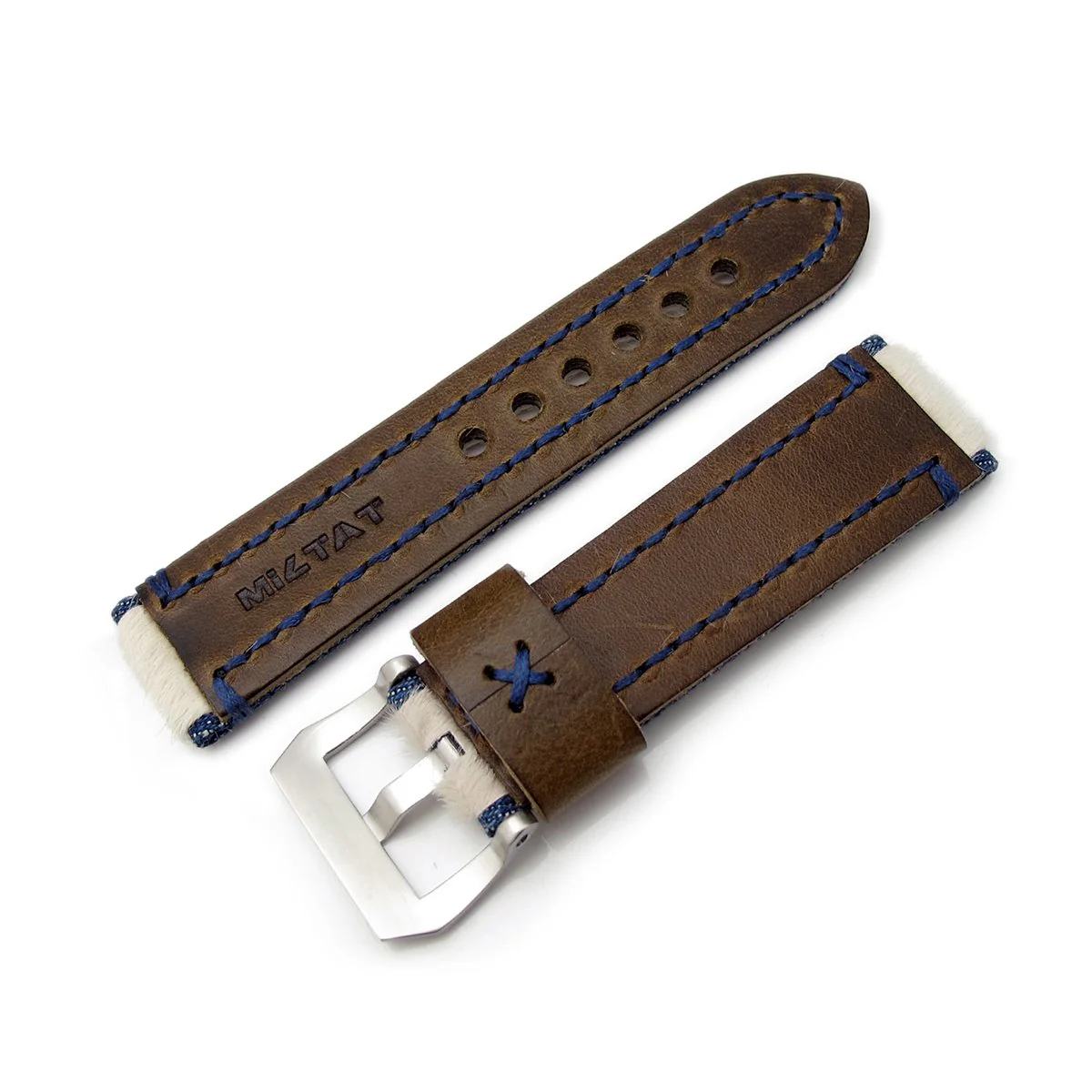 24mm MiLTAT Zizz Collection Beige Fur & Denim Watch Strap Blue Wax Hand Stitching - Image 6