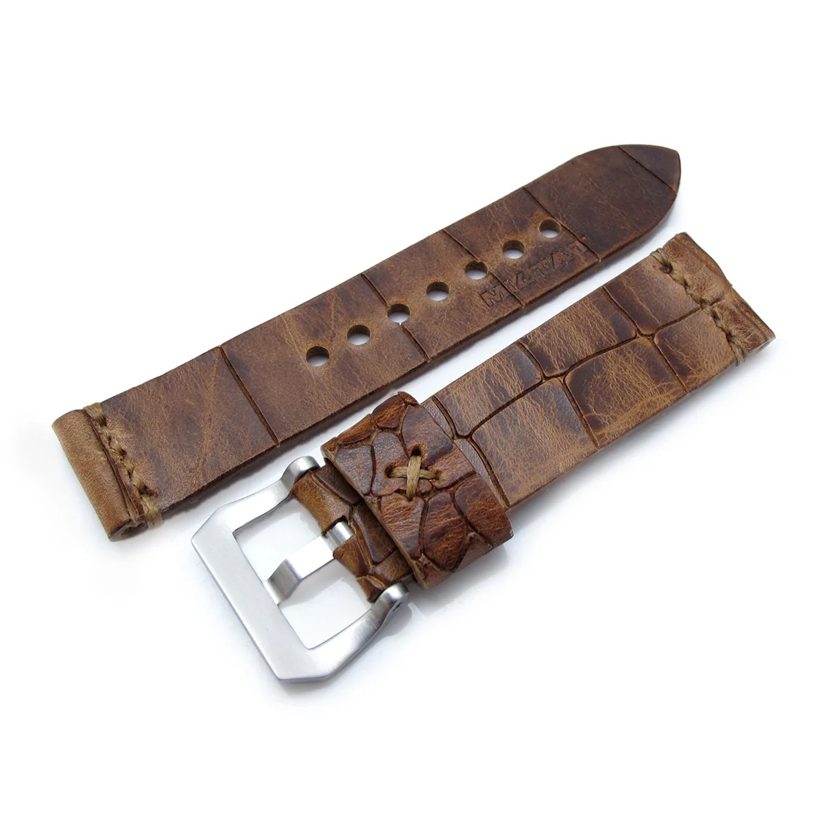 MiLTAT Zizz Collection 24mm Cracked Croco Middle Brown Watch Strap, Brown Stitching - Image 4