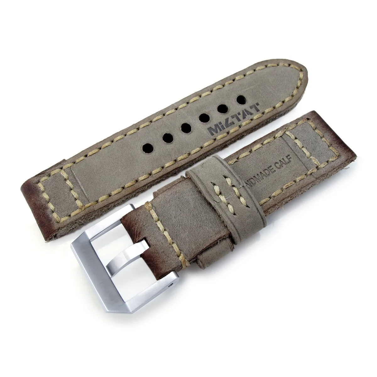 24mm MiLTAT Handmade Vintage Calf Leather Watch Band, Hand Painted Grey, Hand Stitches - Image 6