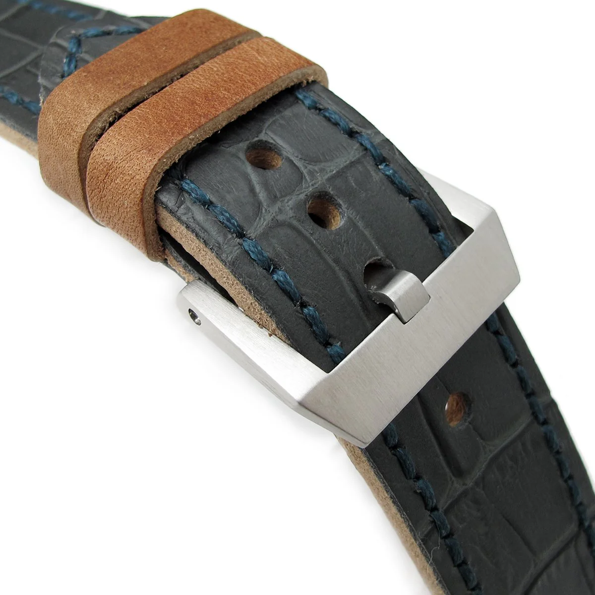 24mm MiLTAT Antipode Watch Strap Dark Grey CrocoCalf in Lake Blue Hand Stitches - Image 3