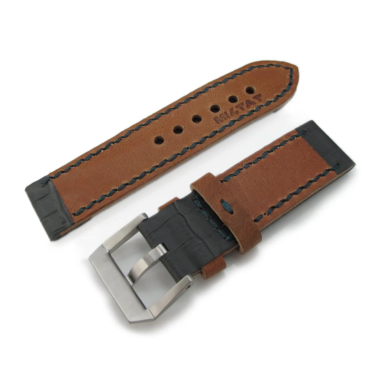 24mm MiLTAT Antipode Watch Strap Dark Grey CrocoCalf in Lake Blue Hand Stitches - Image 4