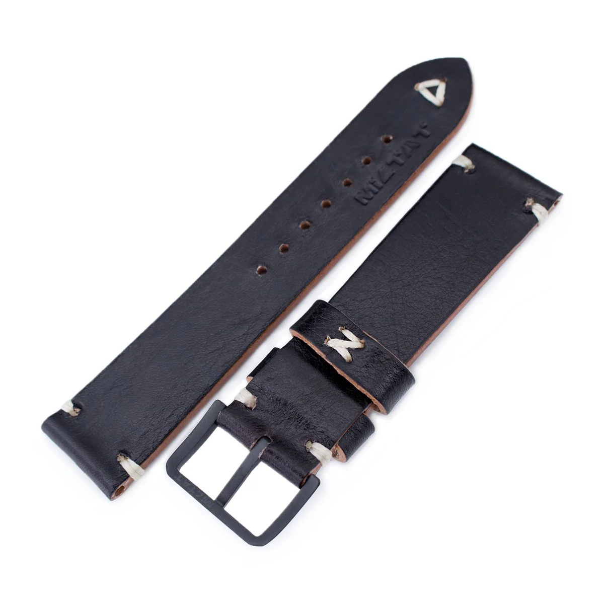 20mm, 21mm, 22mm MiLTAT Black Genuine Calf Leather Watch Strap, Beige Stitching, PVD Black Buckle - Image 3