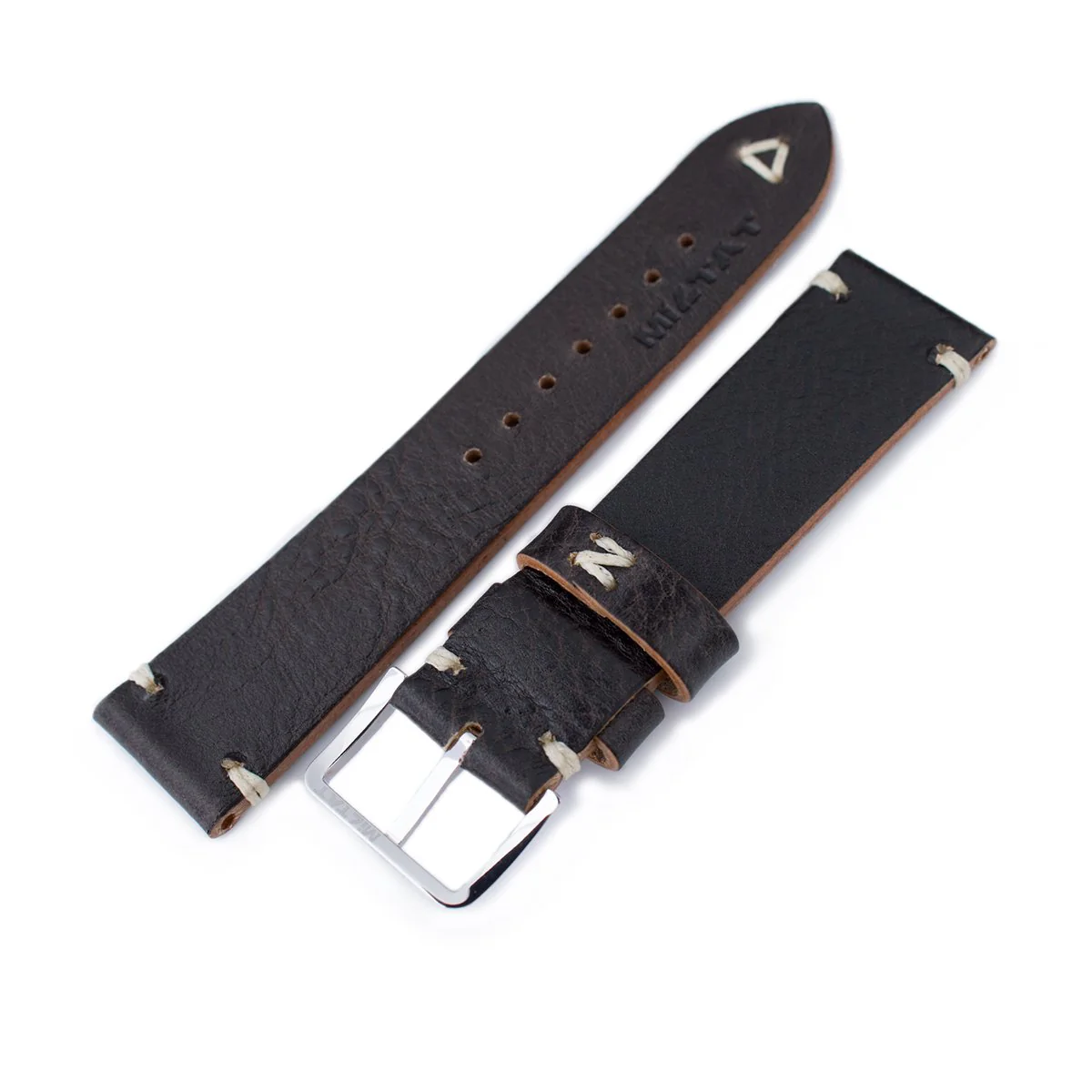 20mm, 21mm, 22mm MiLTAT Dark Brown Genuine Calf Leather Watch Strap, Beige Stitching, Polished Buckle - Image 3