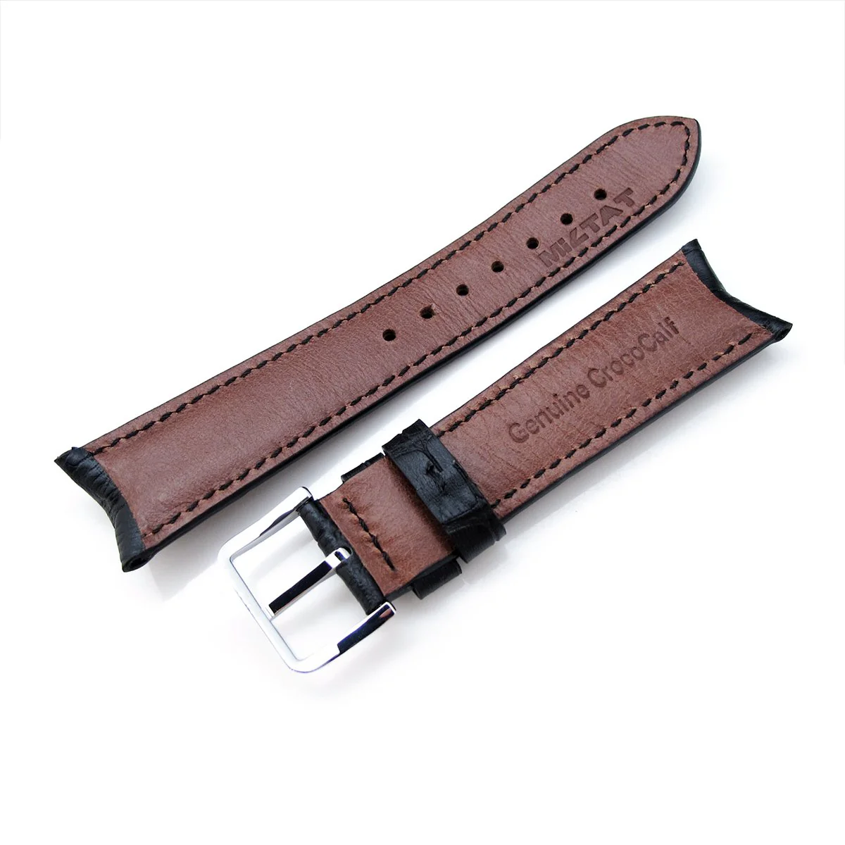 19, 20, 21, 22, 23 mm CrocoCalf (Croco Grain) Matte Black Semi-Curved Watch strap, Black Stitching, P - Image 10