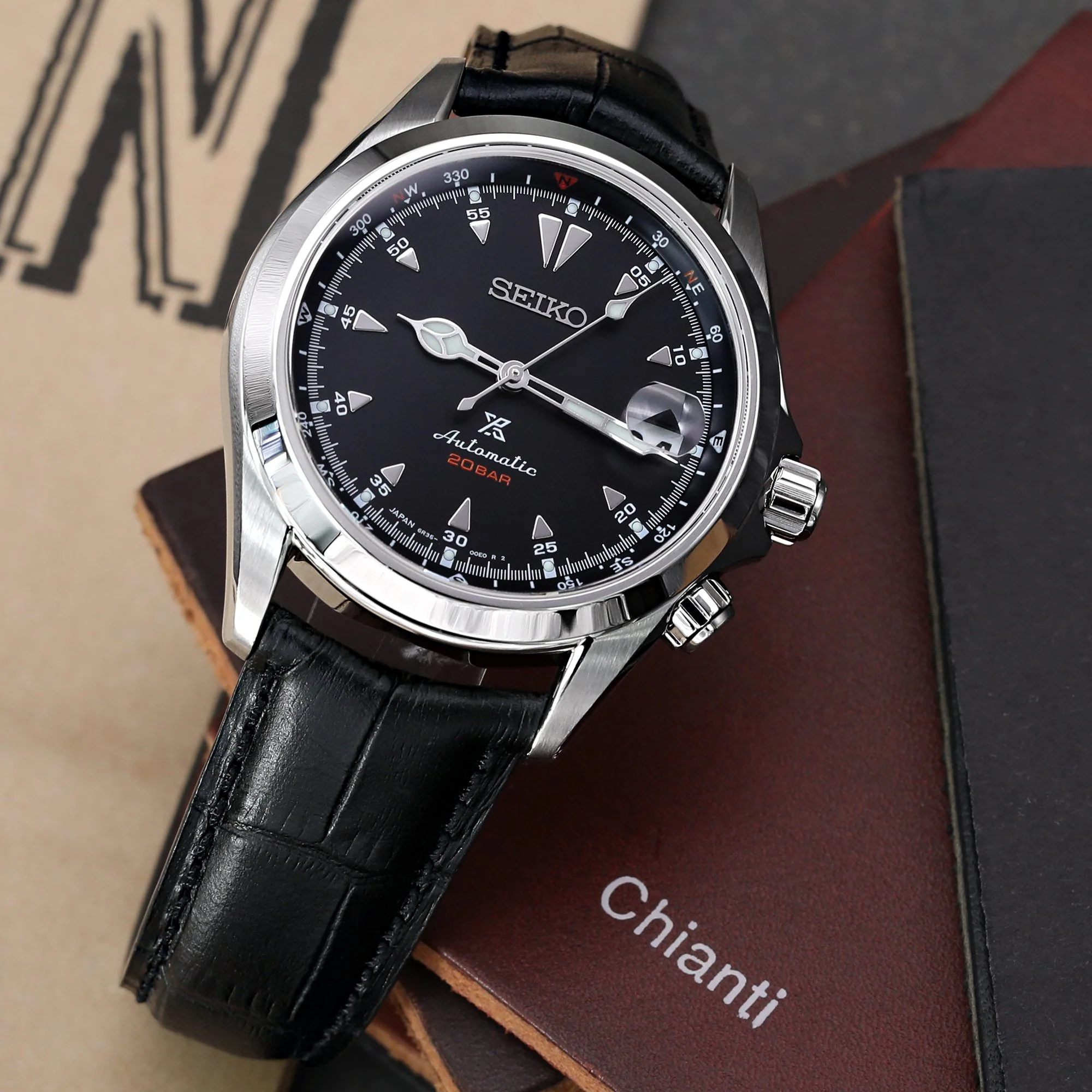 19, 20, 21, 22, 23 mm CrocoCalf (Croco Grain) Matte Black Semi-Curved Watch strap, Black Stitching, P - Image 5