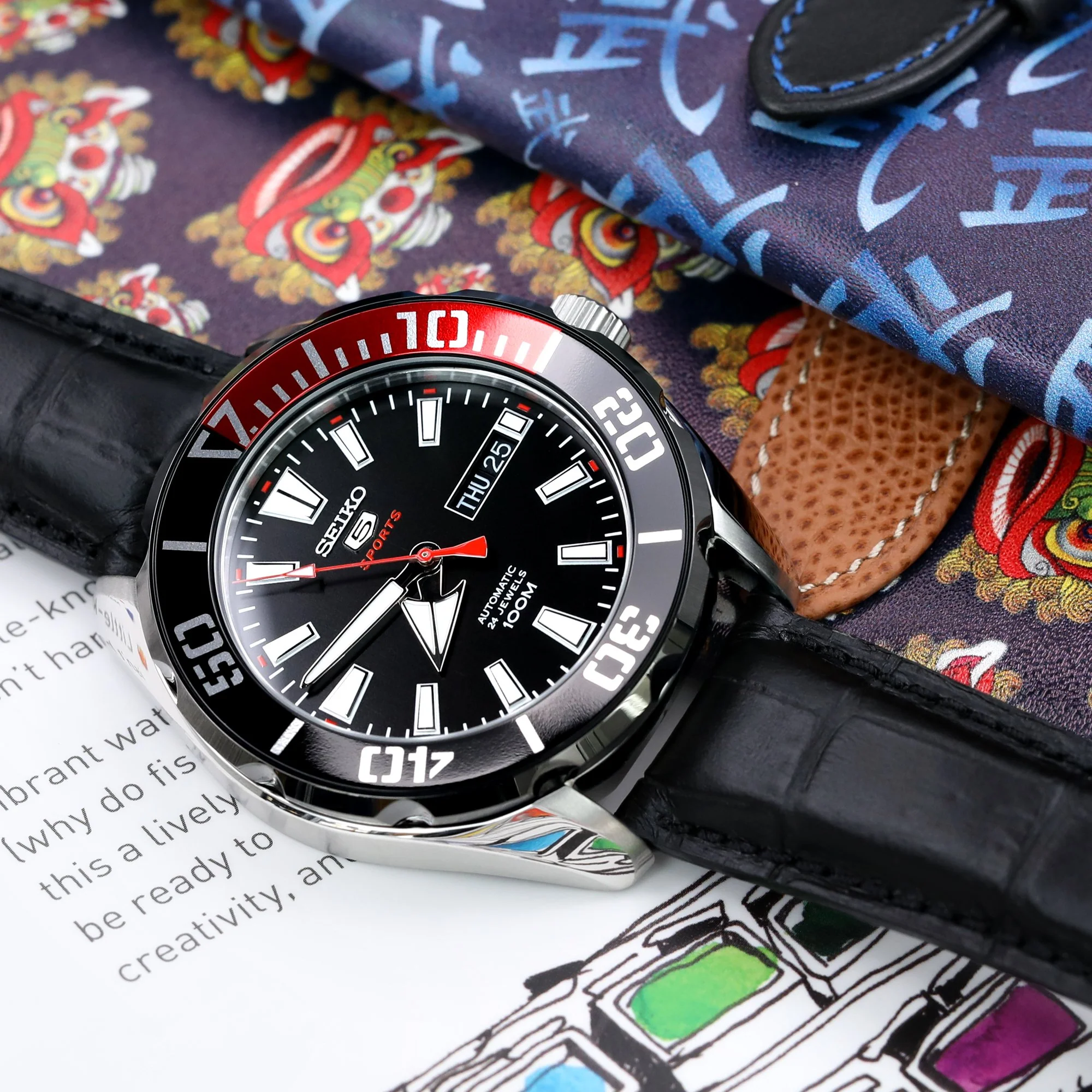 19, 20, 21, 22, 23 mm CrocoCalf (Croco Grain) Matte Black Semi-Curved Watch strap, Black Stitching, P - Image 6