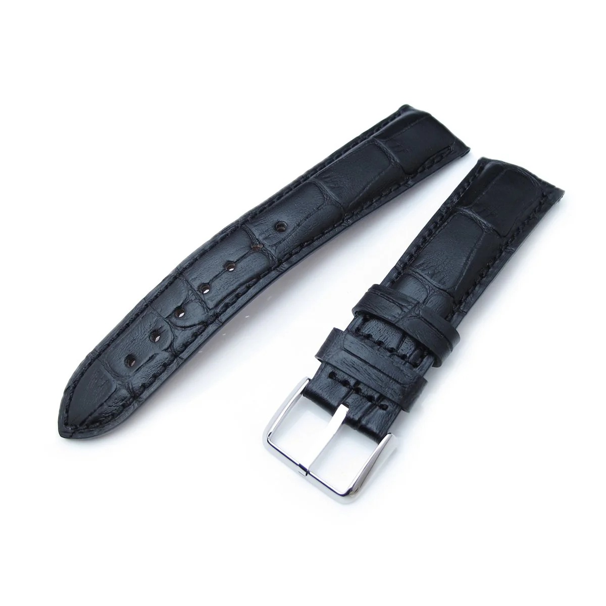 19, 20, 21, 22, 23 mm CrocoCalf (Croco Grain) Matte Black Semi-Curved Watch strap, Black Stitching, P - Image 8