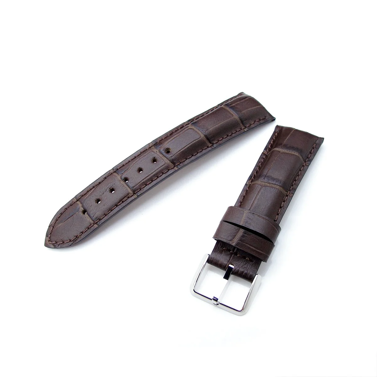 20mm, 22mm CrocoCalf (Croco Grain) Matte Brown Semi-Curved Watch strap, Brown Stitching, P - Image 5