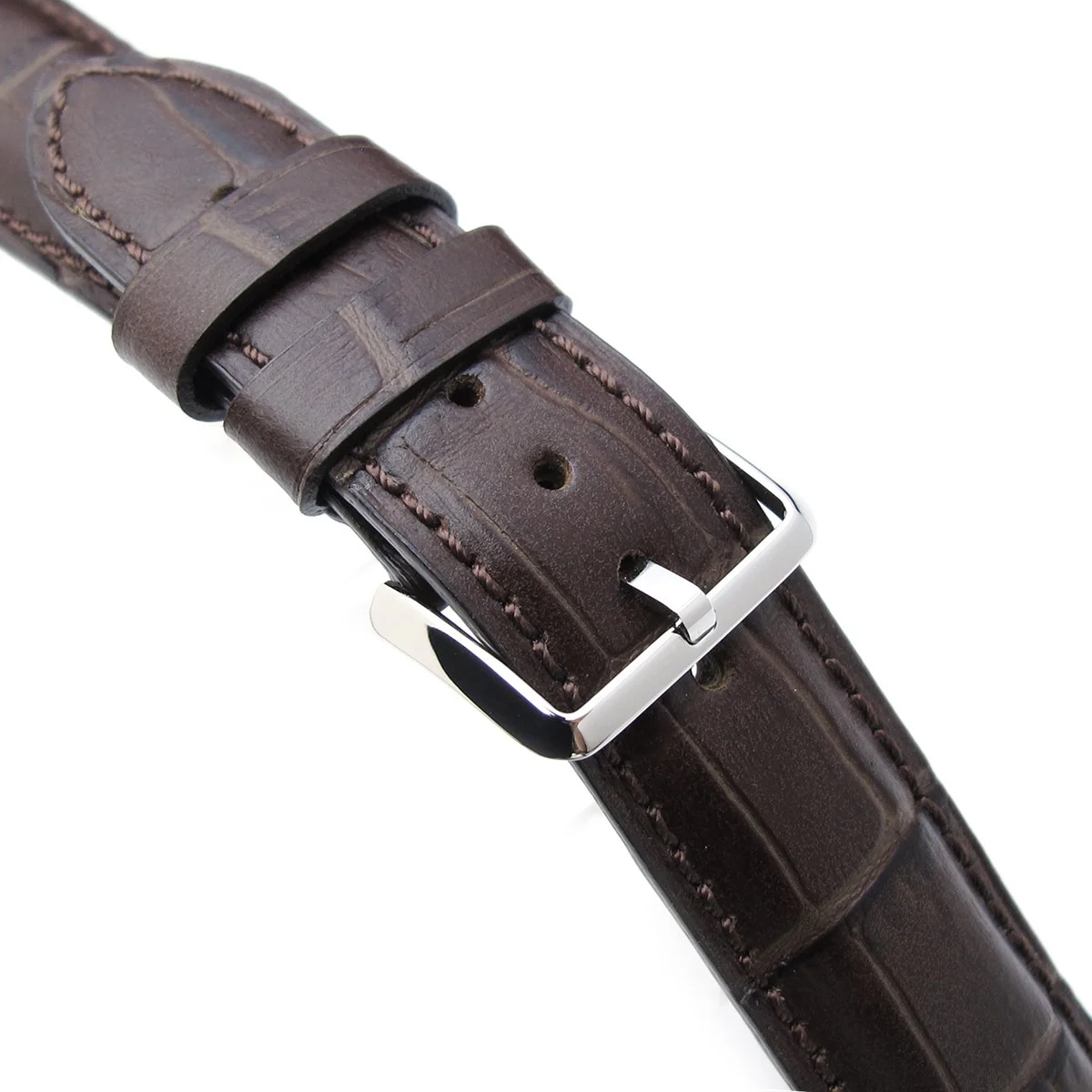 20mm, 22mm CrocoCalf (Croco Grain) Matte Brown Semi-Curved Watch strap, Brown Stitching, P - Image 6