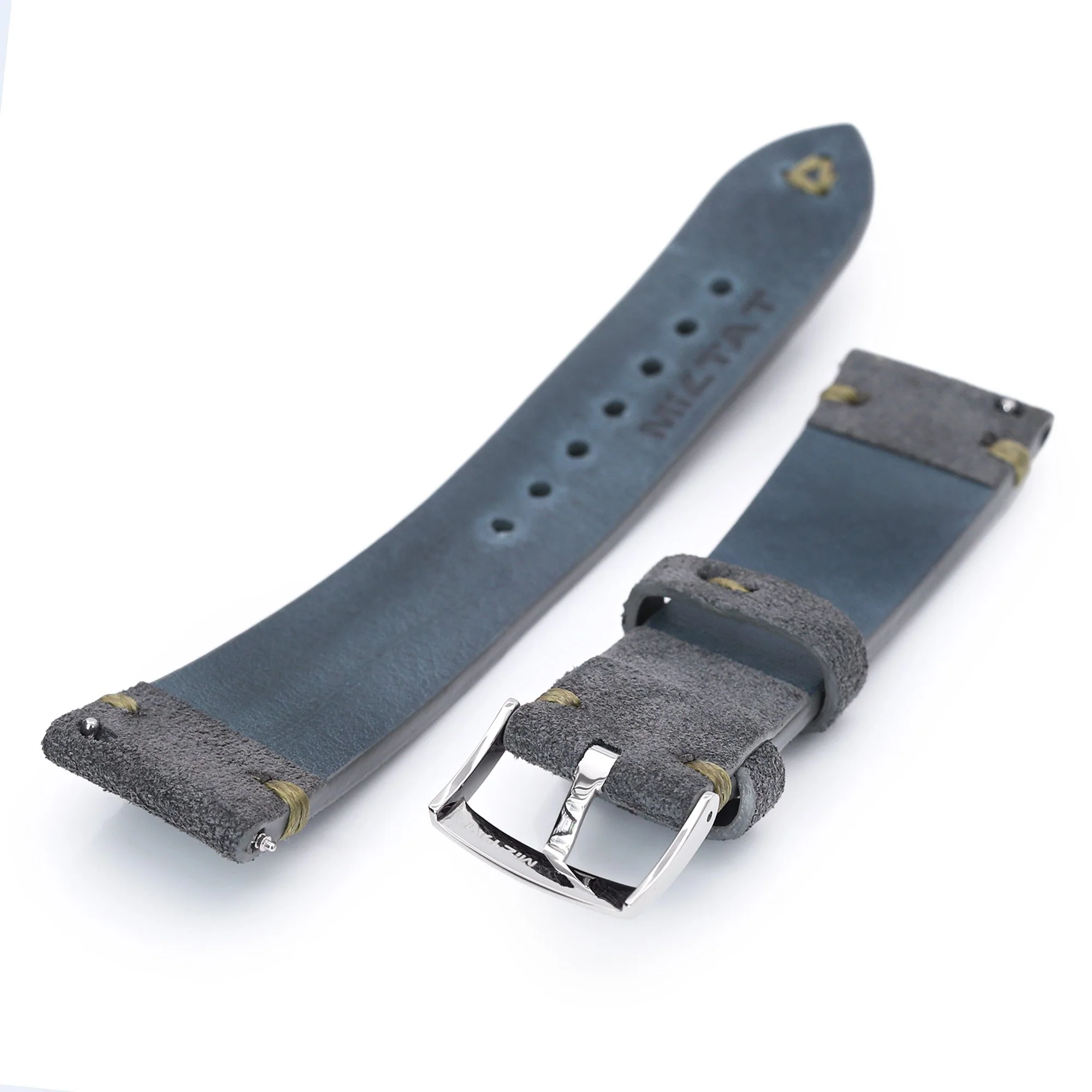 22mm Grey Quick Release Italian Suede Leather Watch Strap, Military Green St. - Image 4