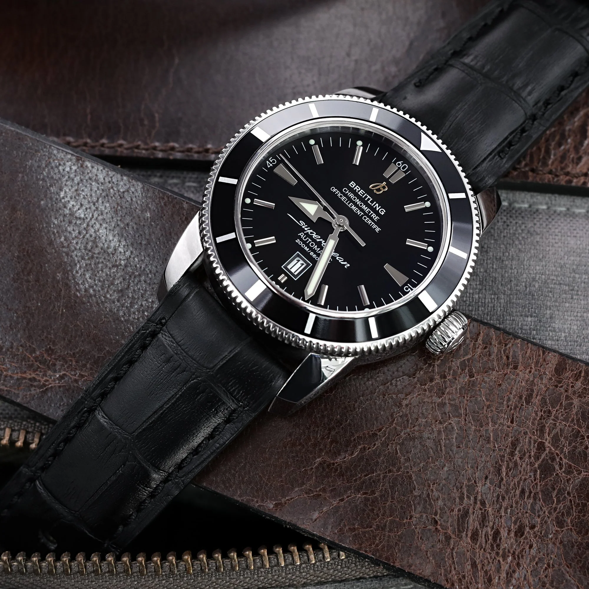 24mm CrocoCalf (Croco Grain) Matte Black Watch Strap with Black Stitches, Polished Screw-in Buckle - Image 3