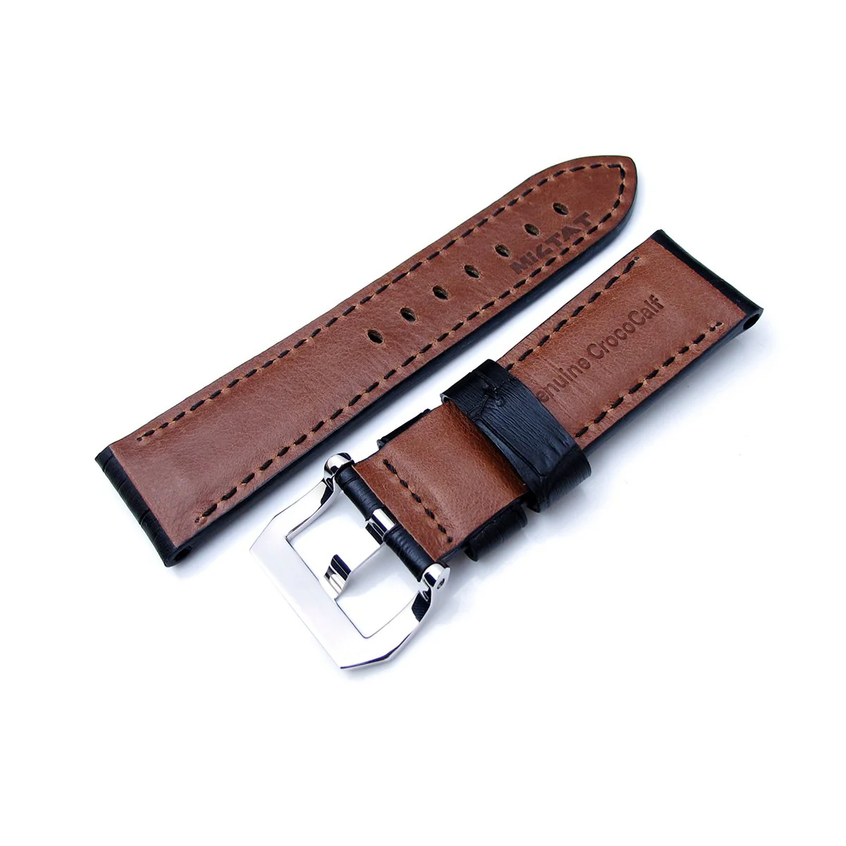 24mm CrocoCalf (Croco Grain) Matte Black Watch Strap with Black Stitches, Polished Screw-in Buckle - Image 4