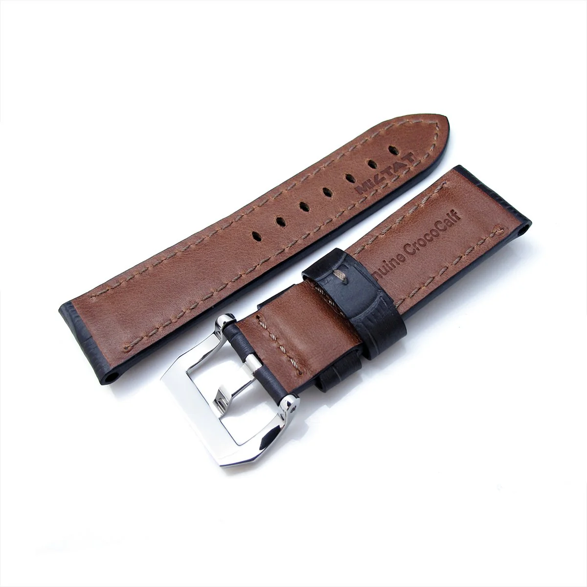24mm CrocoCalf (Croco Grain) Matte Grey Watch Band, Polished Screw-in Buckle - Image 3