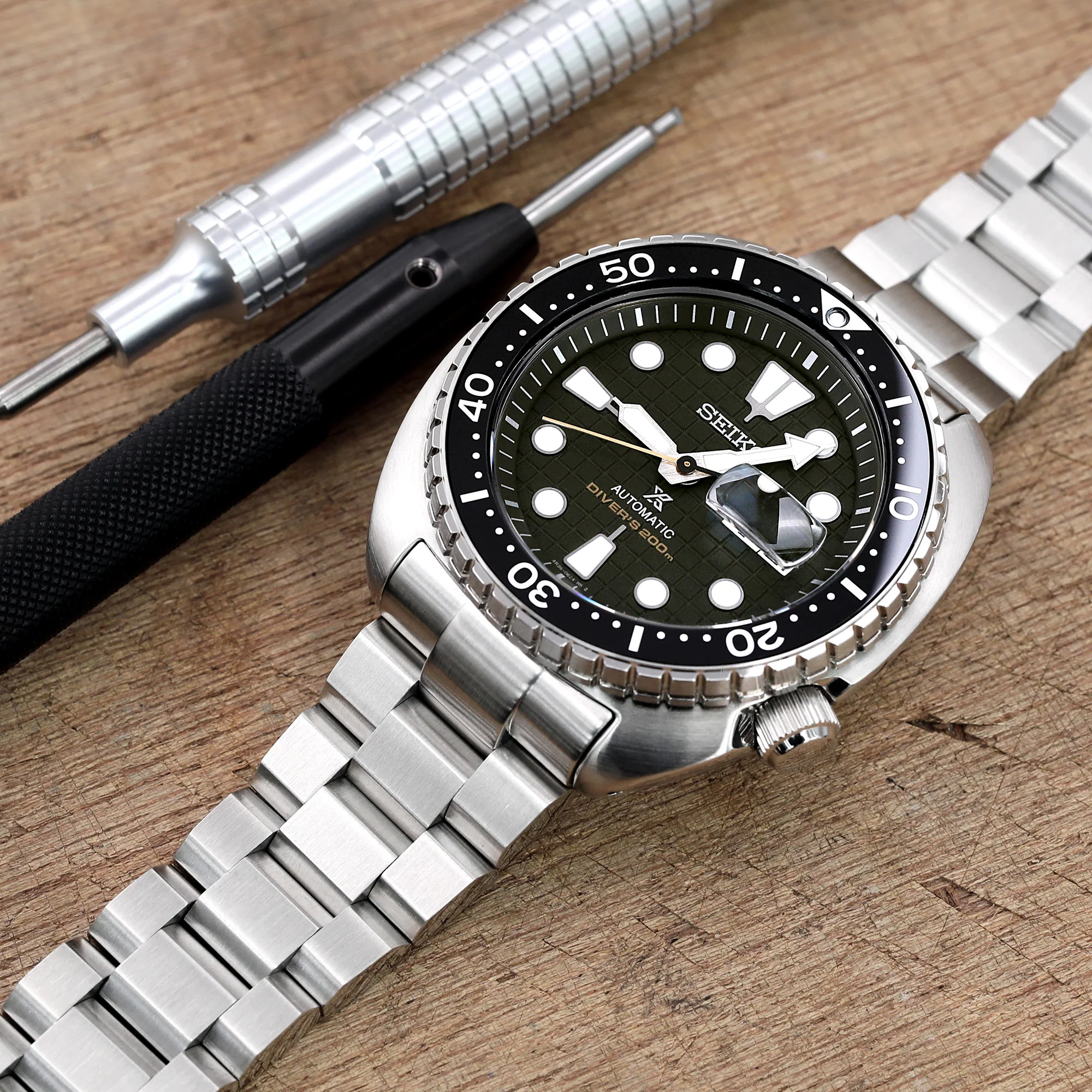 22mm Hexad Watch Band for Seiko New Turtles SRP777 SRP775 SRPA21 (PADI), Stainless Steel - Brushed, V Diver Clasp - Image 3