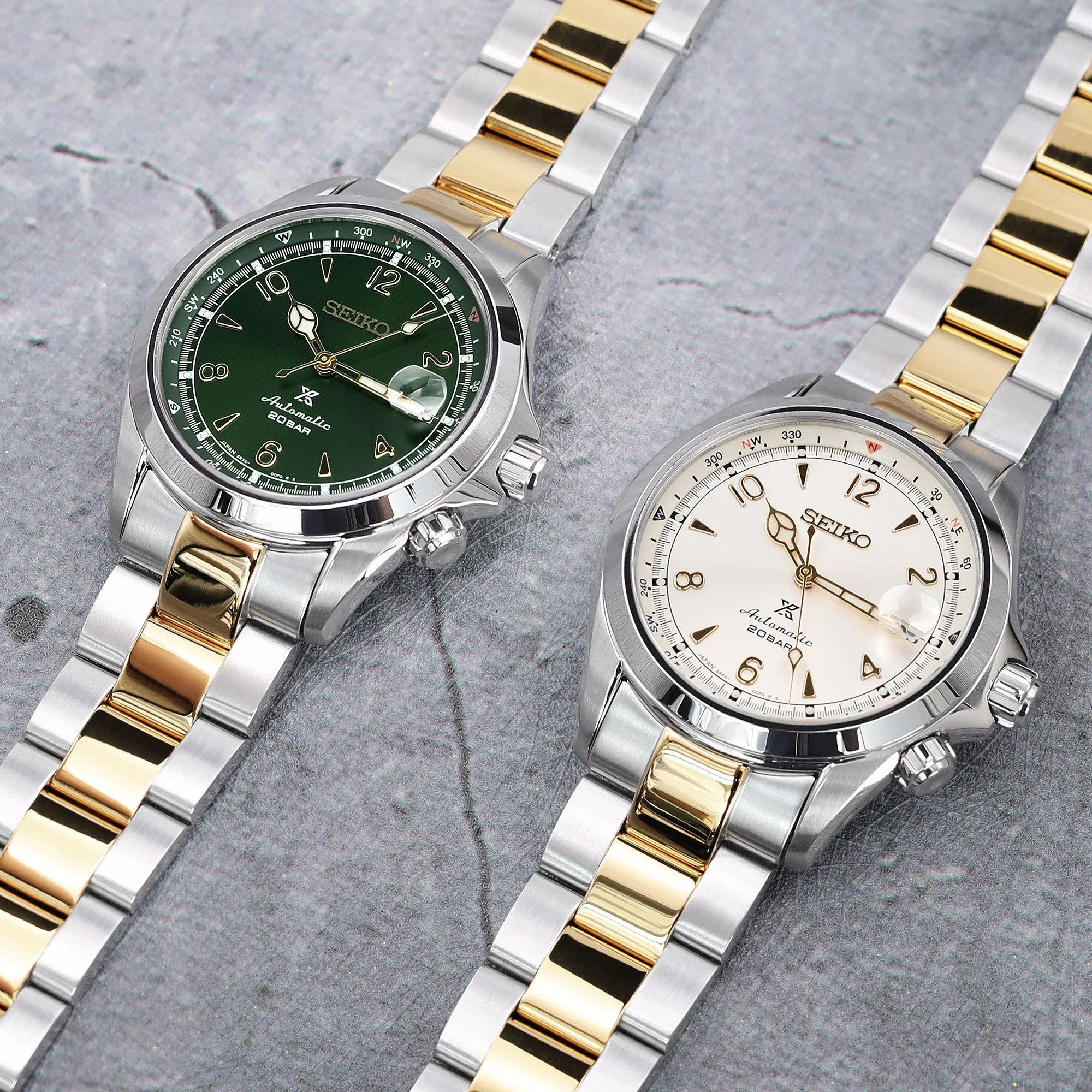 20mm Super-O Boyer Watch Band compatible with Seiko Alpinist SARB017, Two Tone IP Gold Solid SUB Clasp - Image 4