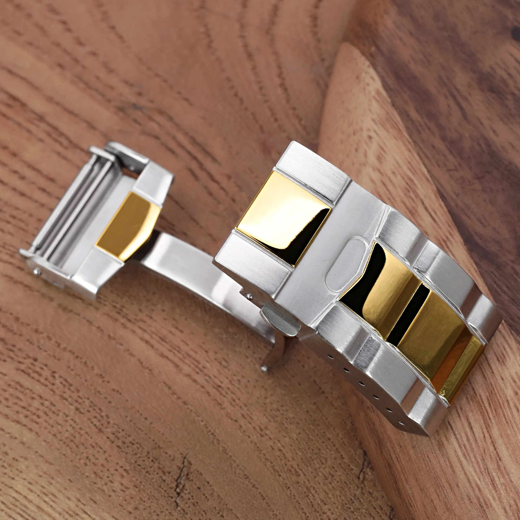 16mm or 18mm Solid 316L Stainless Steel Double Locks SUB Diver Clasp, Button Control, 2-tone IP Polished Gold - Image 3