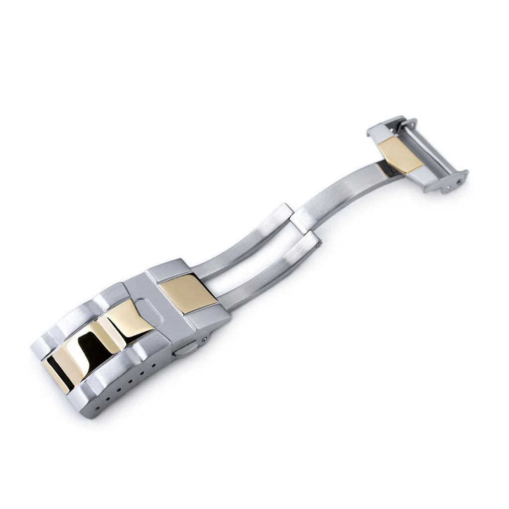 16mm or 18mm Solid 316L Stainless Steel Double Locks SUB Diver Clasp, Button Control, 2-tone IP Polished Gold - Image 5