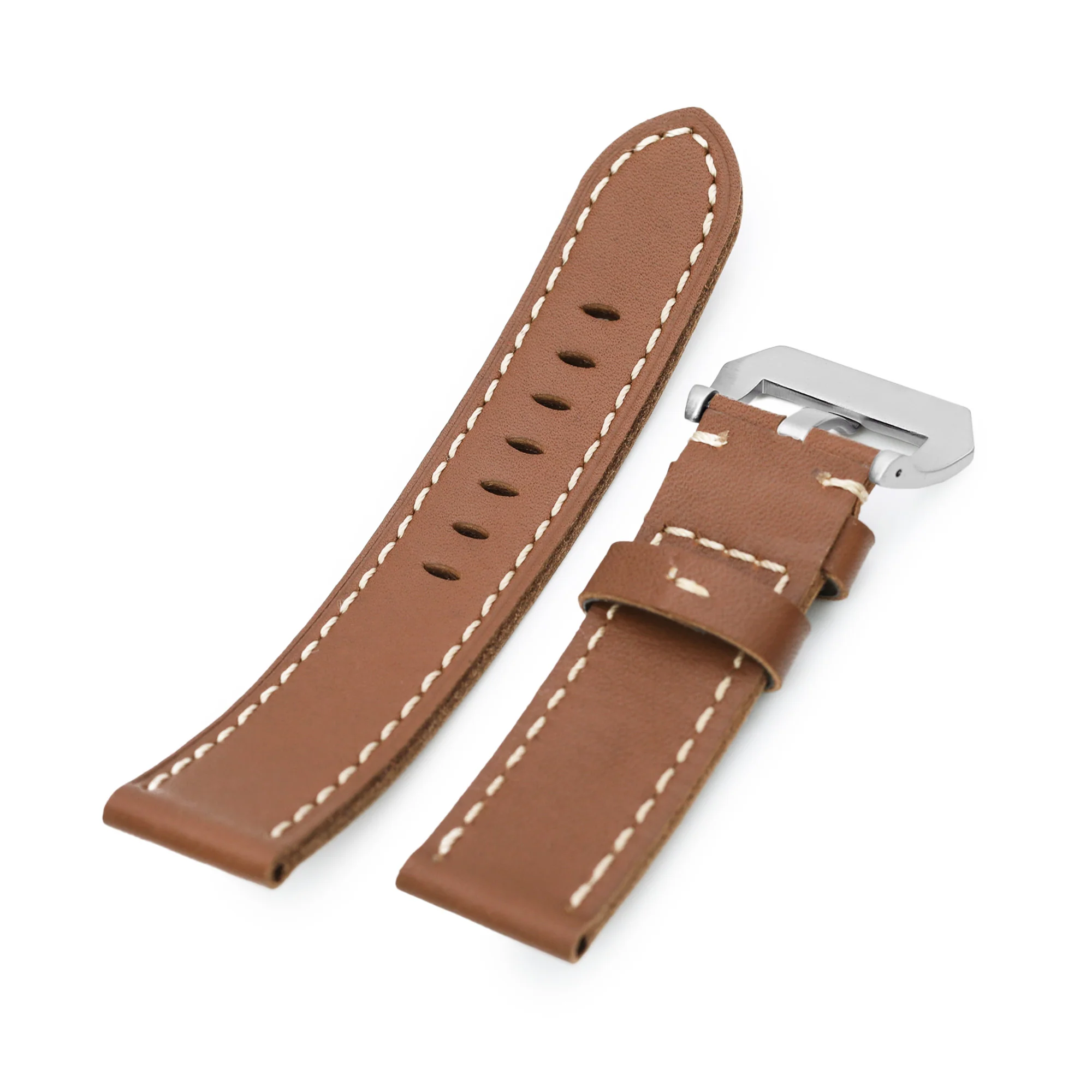 22mm Chestnut Brown Straight Leather Watch Band, Brushed Buckle - Image 4