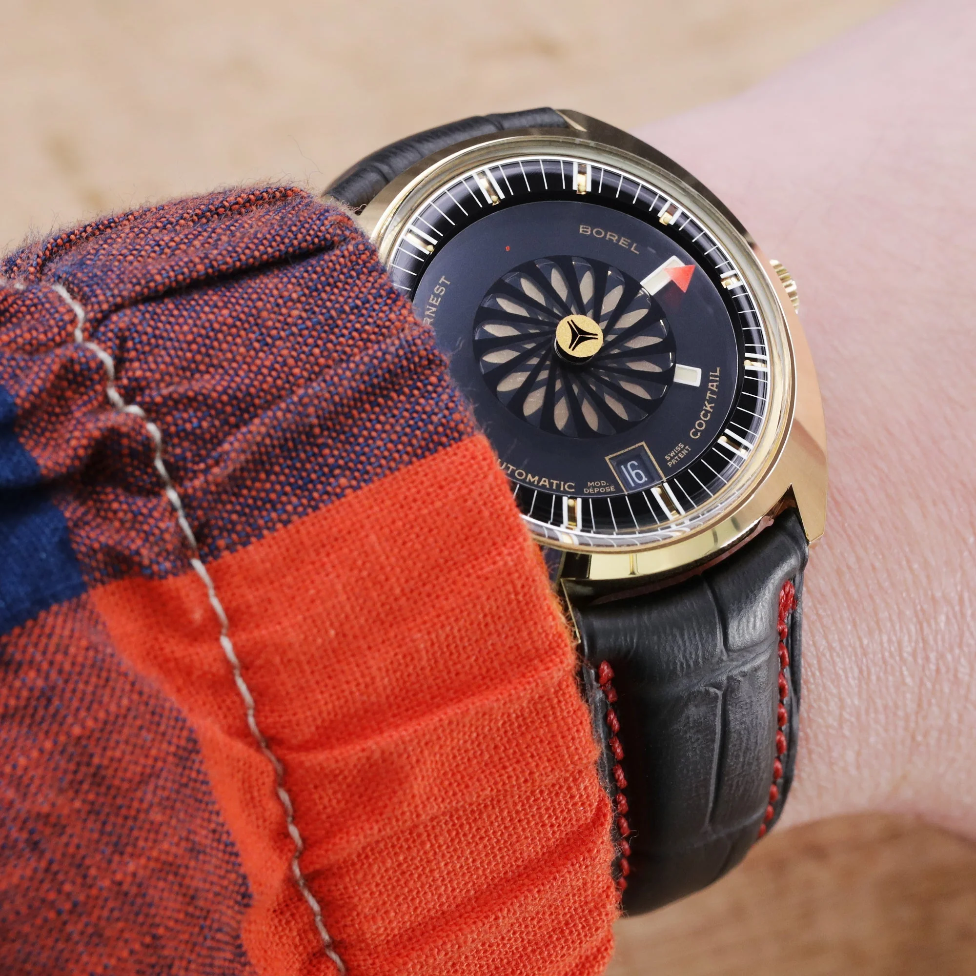 Q.R. 19mm Black CrocoCalf (Croco Grain) Semi-Curved Watch Band, Red Stitch. - Image 4