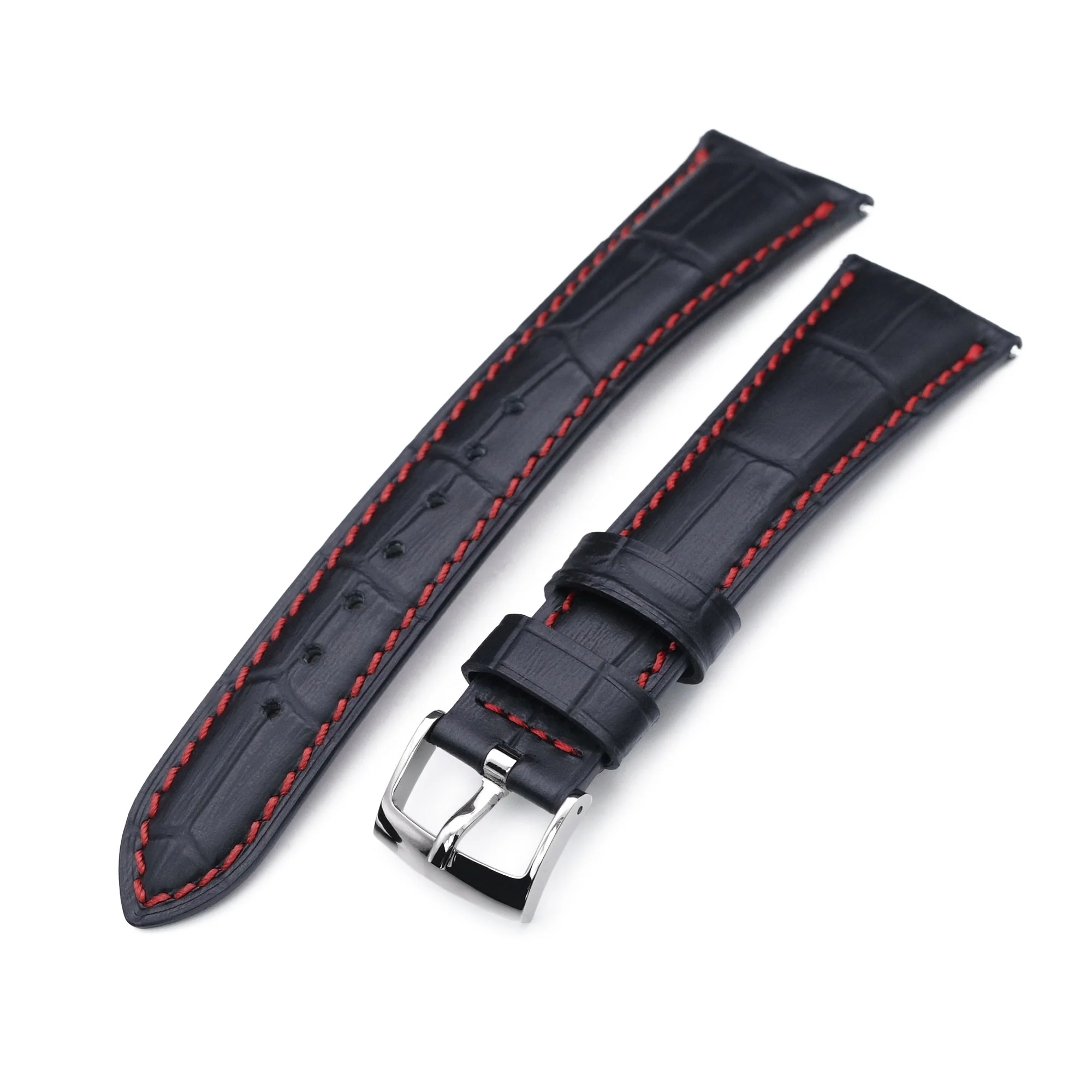 Q.R. 19mm Black CrocoCalf (Croco Grain) Semi-Curved Watch Band, Red Stitch. - Image 5