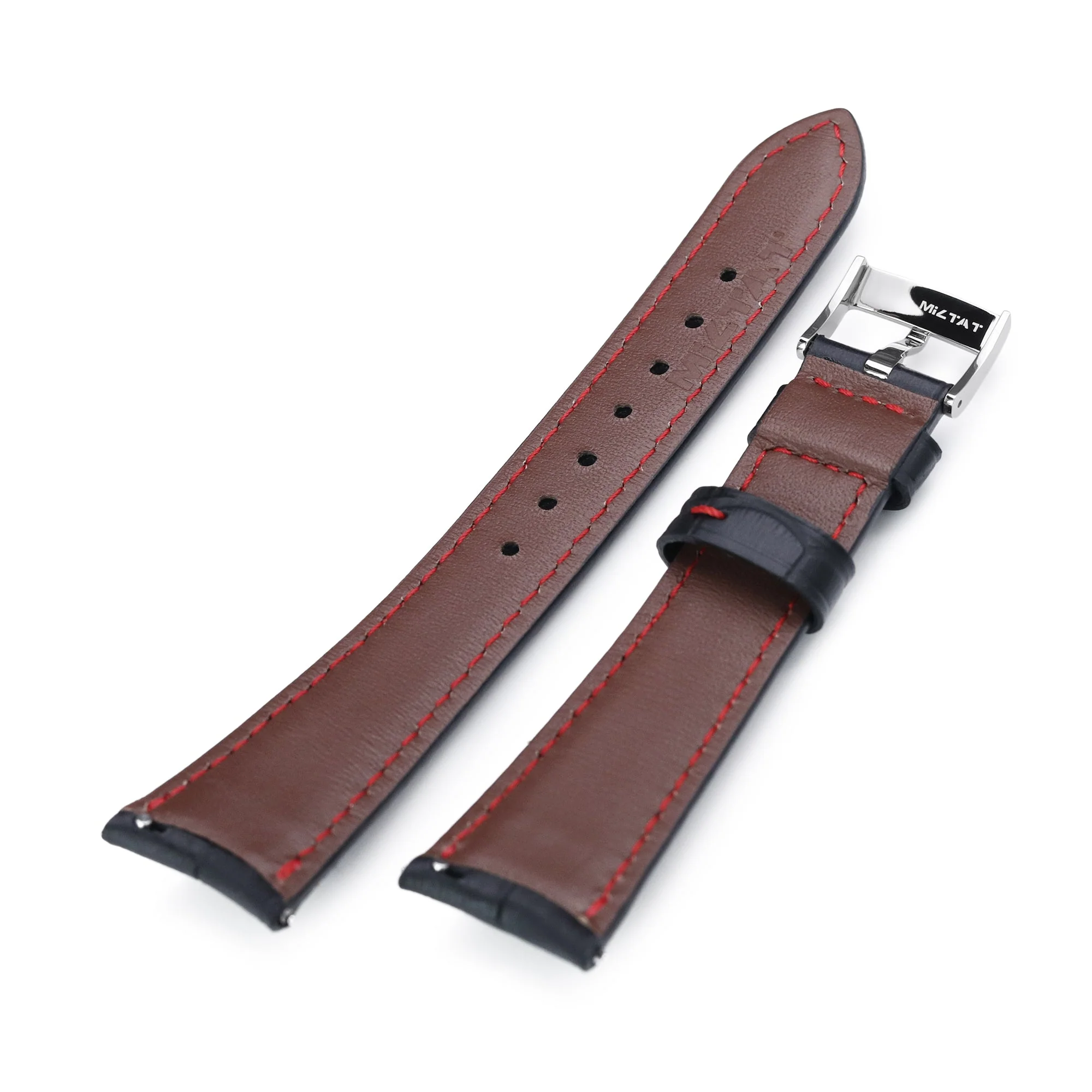 Q.R. 19mm Black CrocoCalf (Croco Grain) Semi-Curved Watch Band, Red Stitch. - Image 6