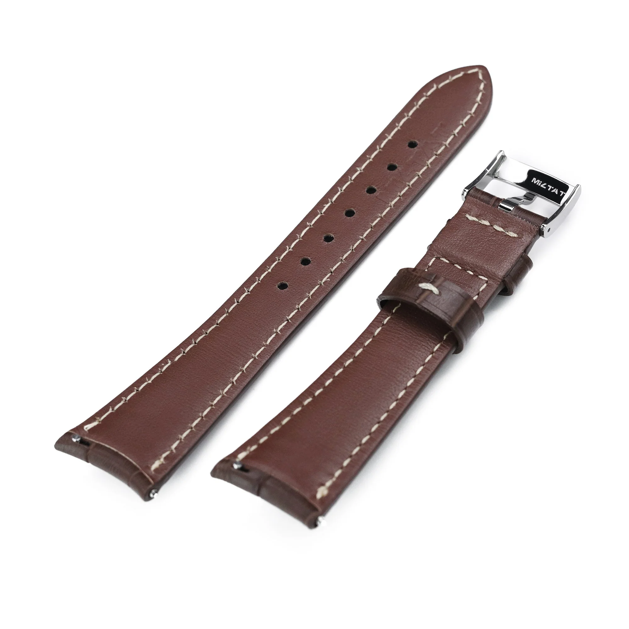 Q.R. 19mm or 21mm Dark Brown CrocoCalf (Croco Grain) Semi-Curved Watch Band, Beige Stitch. - Image 6