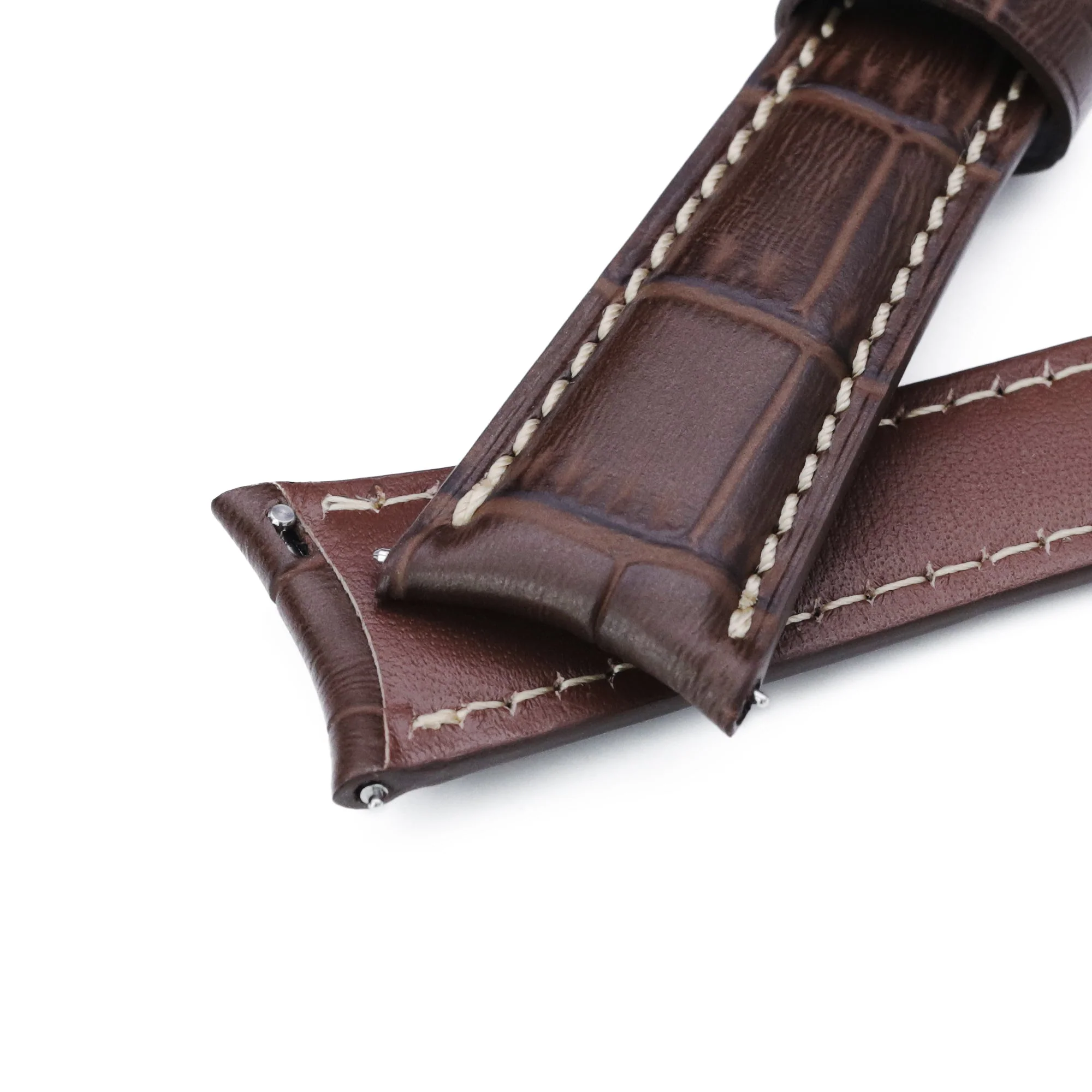 Q.R. 19mm or 21mm Dark Brown CrocoCalf (Croco Grain) Semi-Curved Watch Band, Beige Stitch. - Image 7