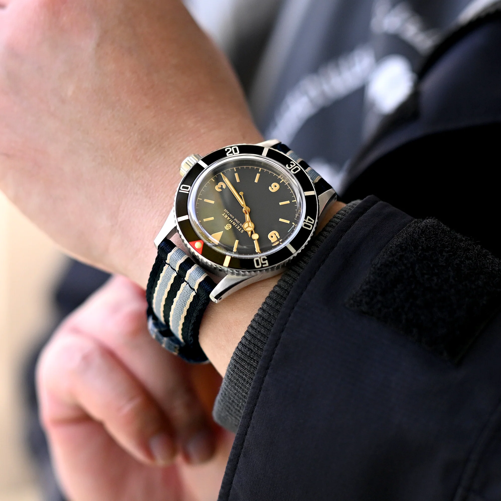 22mm 2-pcs Seatbelt Nylon Watch Band, Black, Grey and Khaki Stripes, Brushed Buckle - Image 3