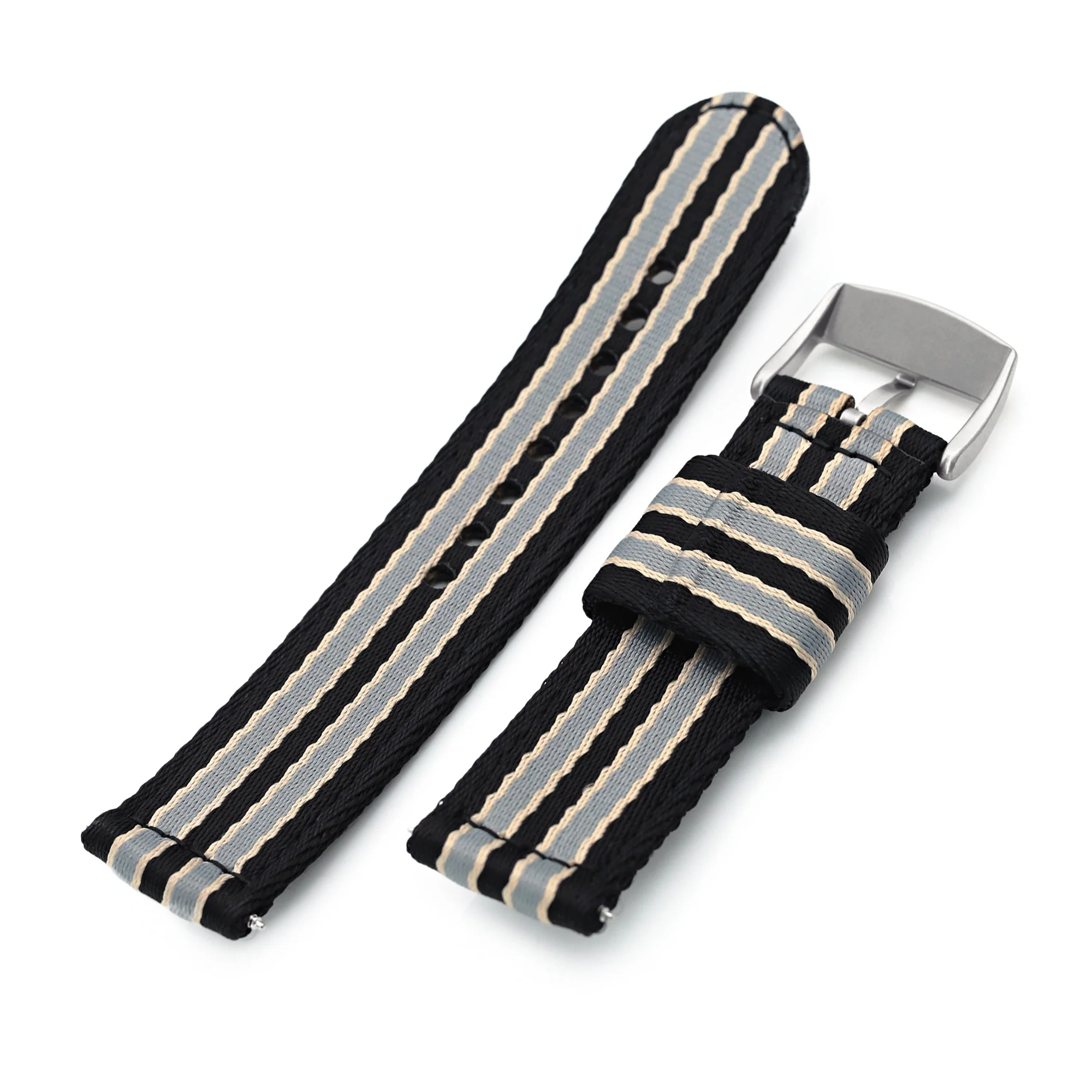 22mm 2-pcs Seatbelt Nylon Watch Band, Black, Grey and Khaki Stripes, Brushed Buckle - Image 6