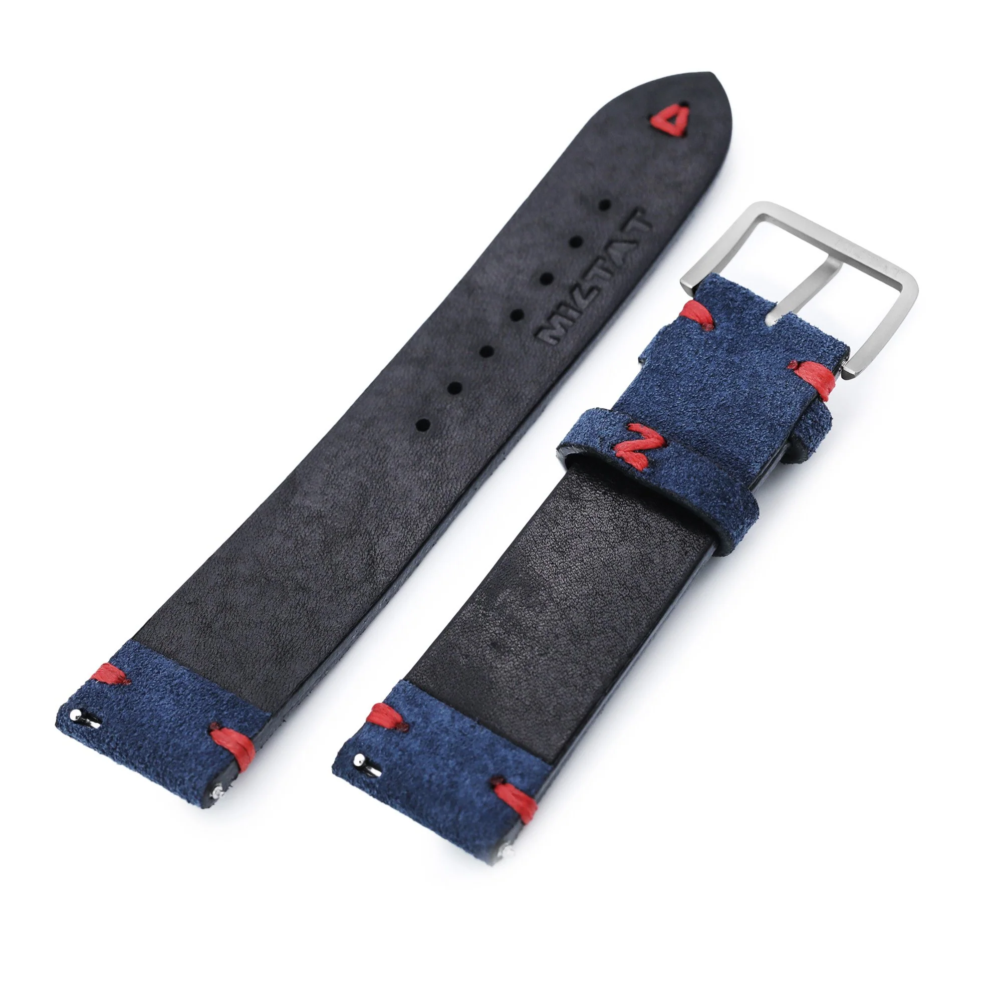 Navy Blue 19mm, 20mm, 21mm, 22mm MiLTAT Quick Release Nubuck Leather Watch Strap, Red Stitching, Sandblasted - Image 6