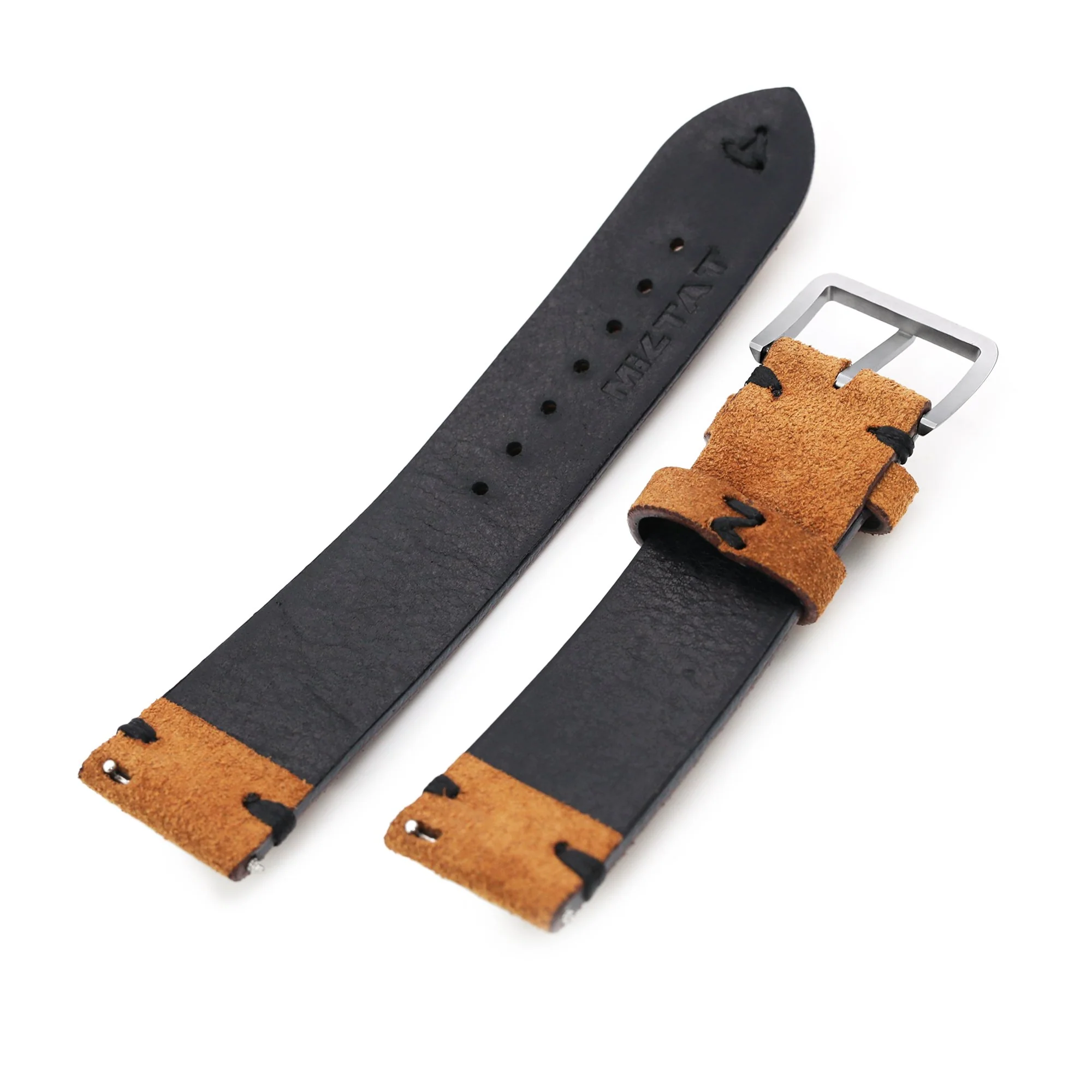 Camel Brown 19mm, 20mm, 21mm, 22mm MiLTAT Quick Release Nubuck Leather Watch Strap, Black Stitching, Sandblasted - Image 7
