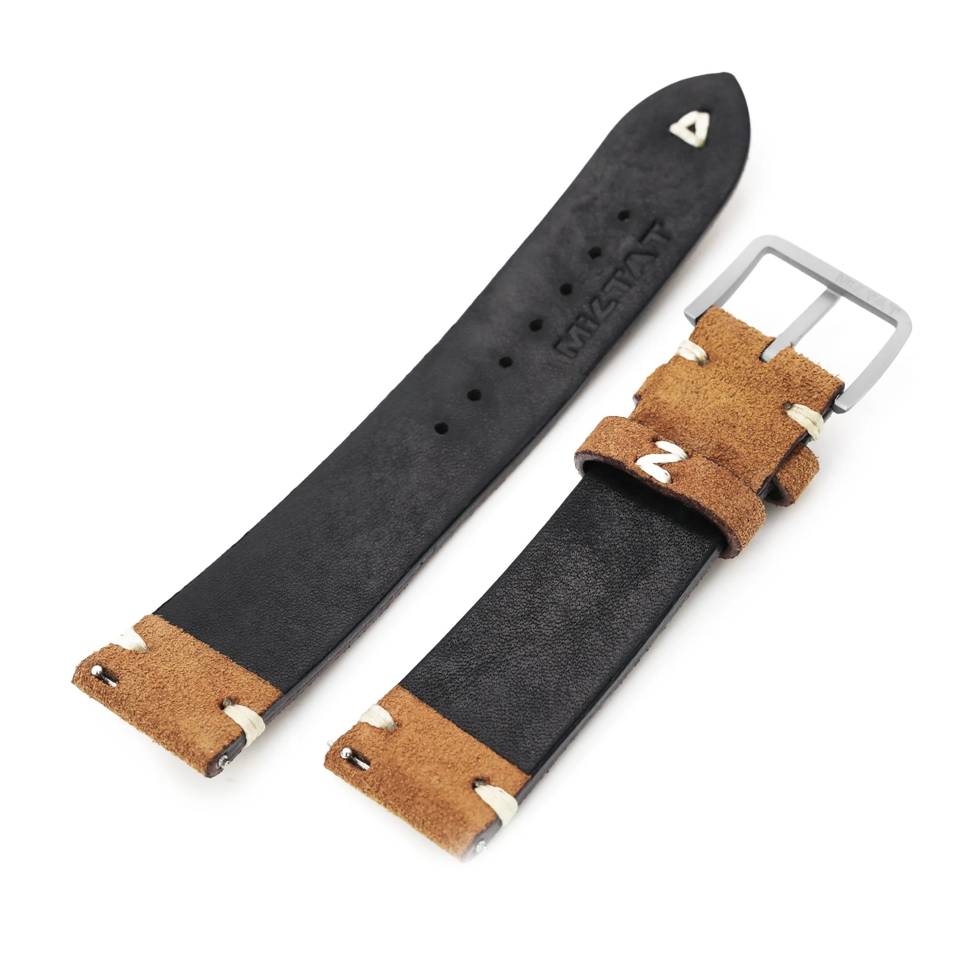 Camel Brown 19mm, 20mm, 21mm, 22mm MiLTAT Quick Release Nubuck Leather Watch Strap, Beige Stitching, Sandblasted - Image 5