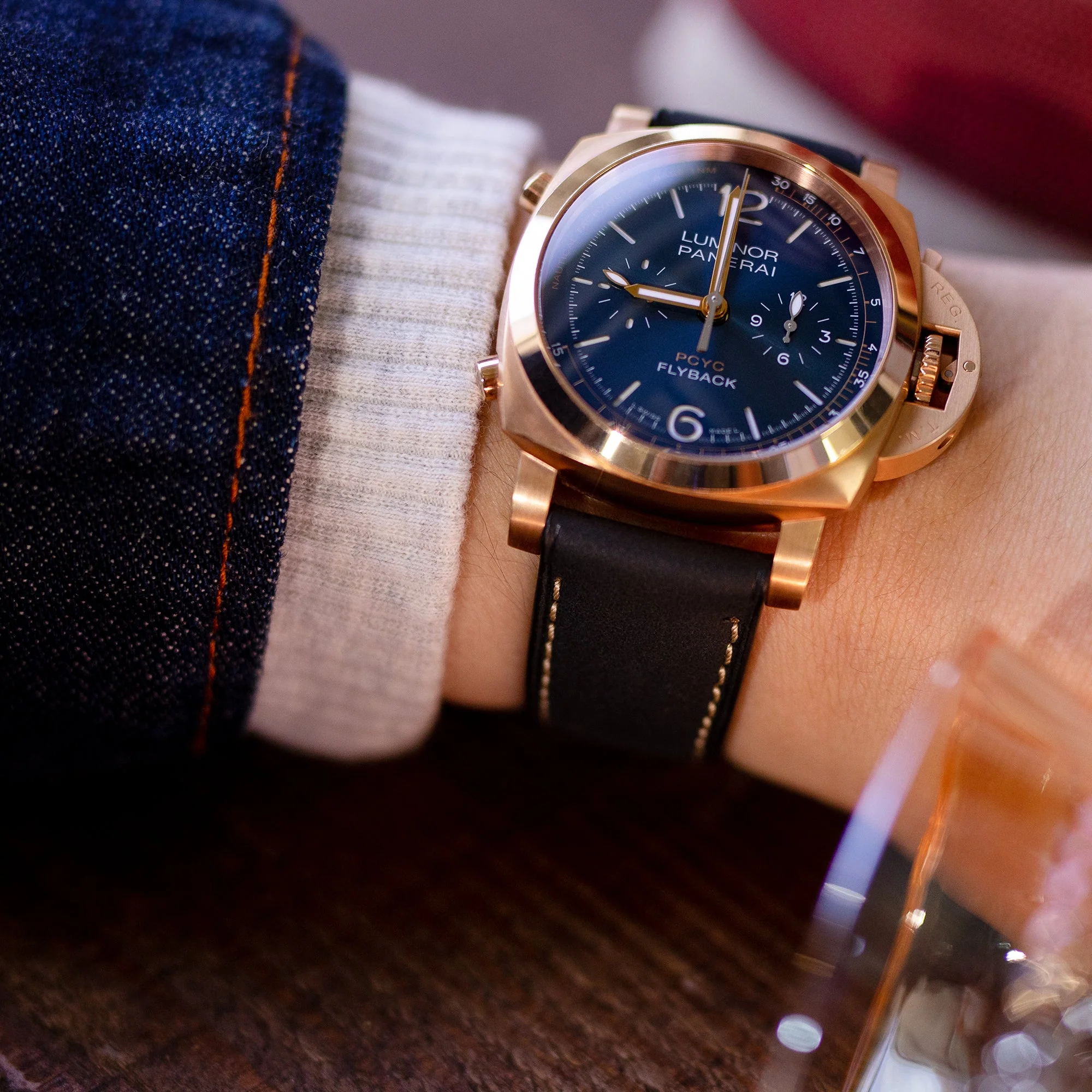 Pam Collection, Matte Black Italian Leather Watch Strap for Panerai, Beige Stitching - Image 3