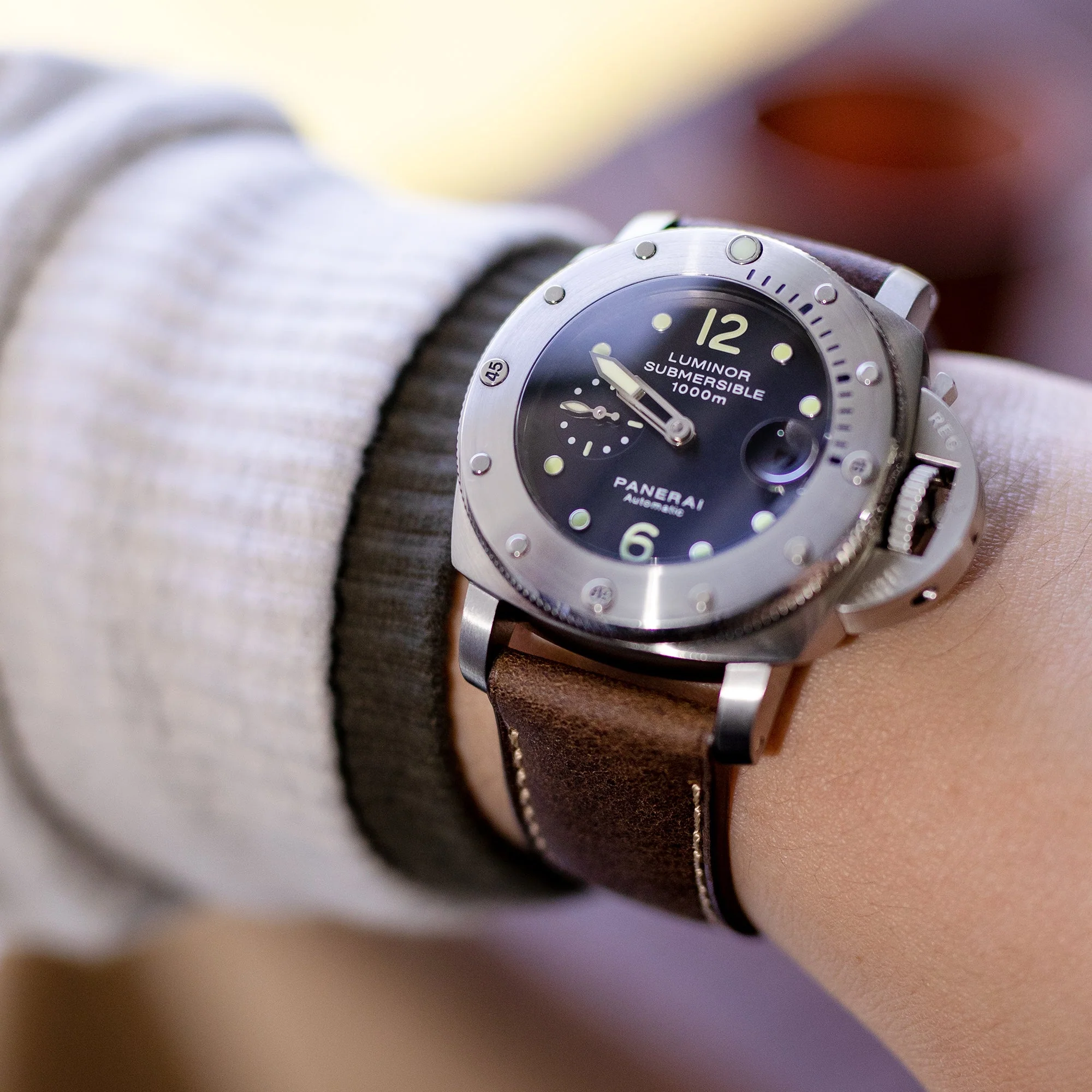 Dark Brown Italian Leather Strap with Beige Stitching for Panerai - Image 4